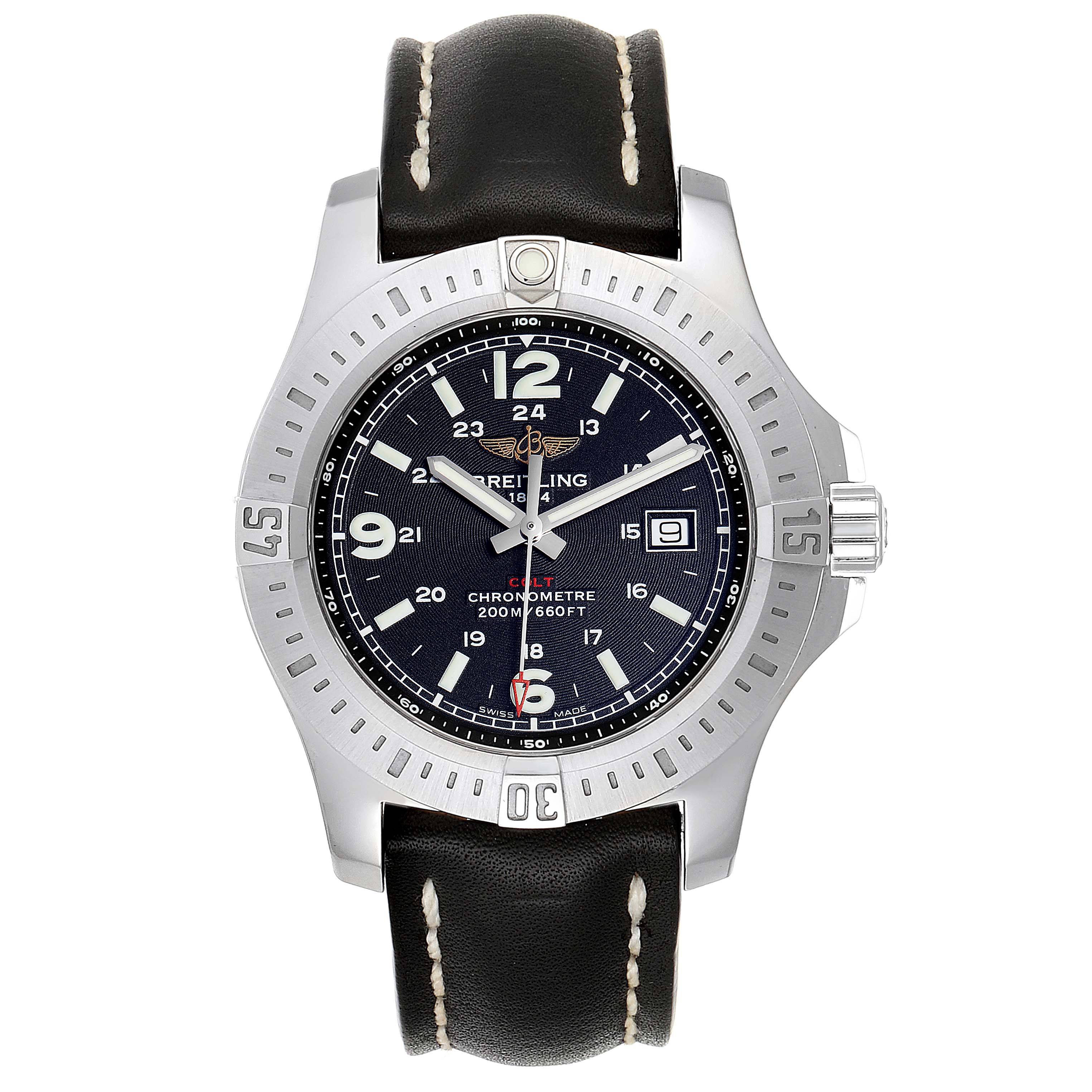 Breitling Colt Black Dial Leather Strap Steel Mens Watch A74388 Box ...