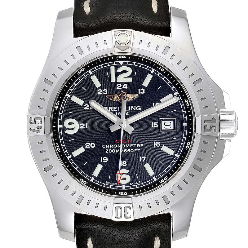 Breitling Colt Black Dial Leather Strap Steel Mens Watch A74388 Box Papers SwissWatchExpo