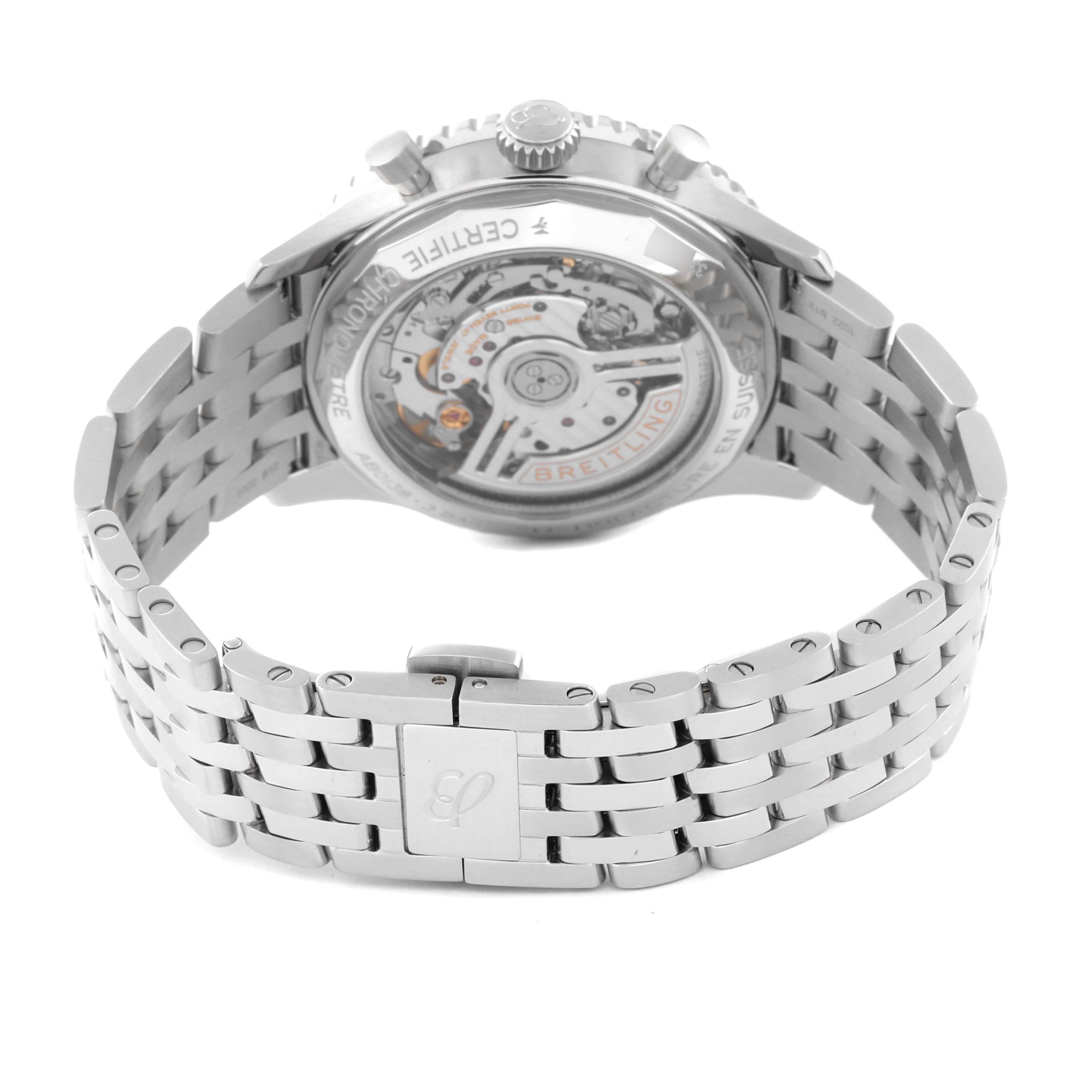 The image shows the back case and metal bracelet of the Breitling Navitimer AB0138 Men's Stainless Steel Black Dial AB0138 Men's Stainless Steel Black Dial watch, focusing on its exposed mechanical movement.