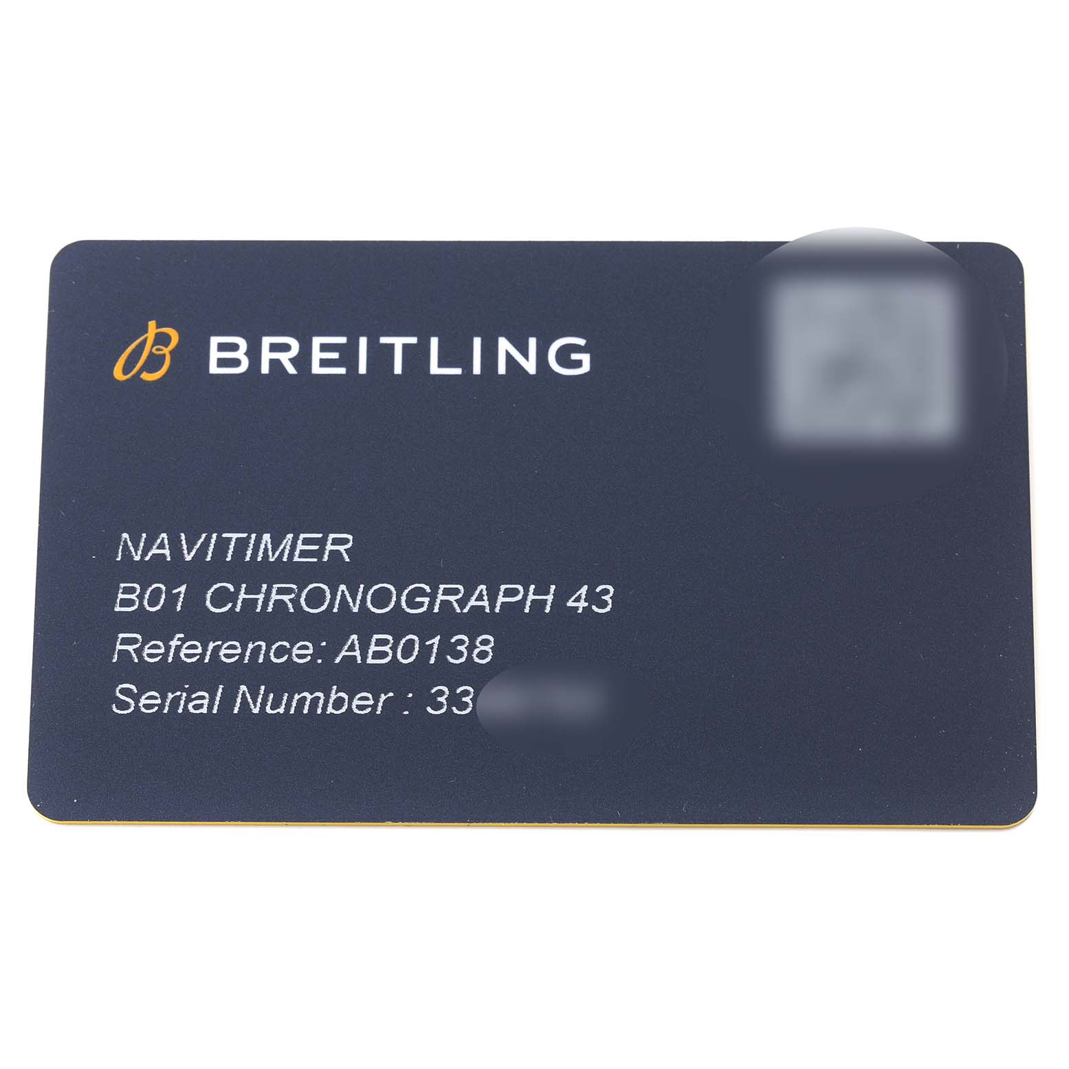 The image shows a warranty or identification card for the Breitling Navitimer AB0138 Men's Stainless Steel Black Dial AB0138 Men's Stainless Steel Black Dial B01 Chronograph 43 model.