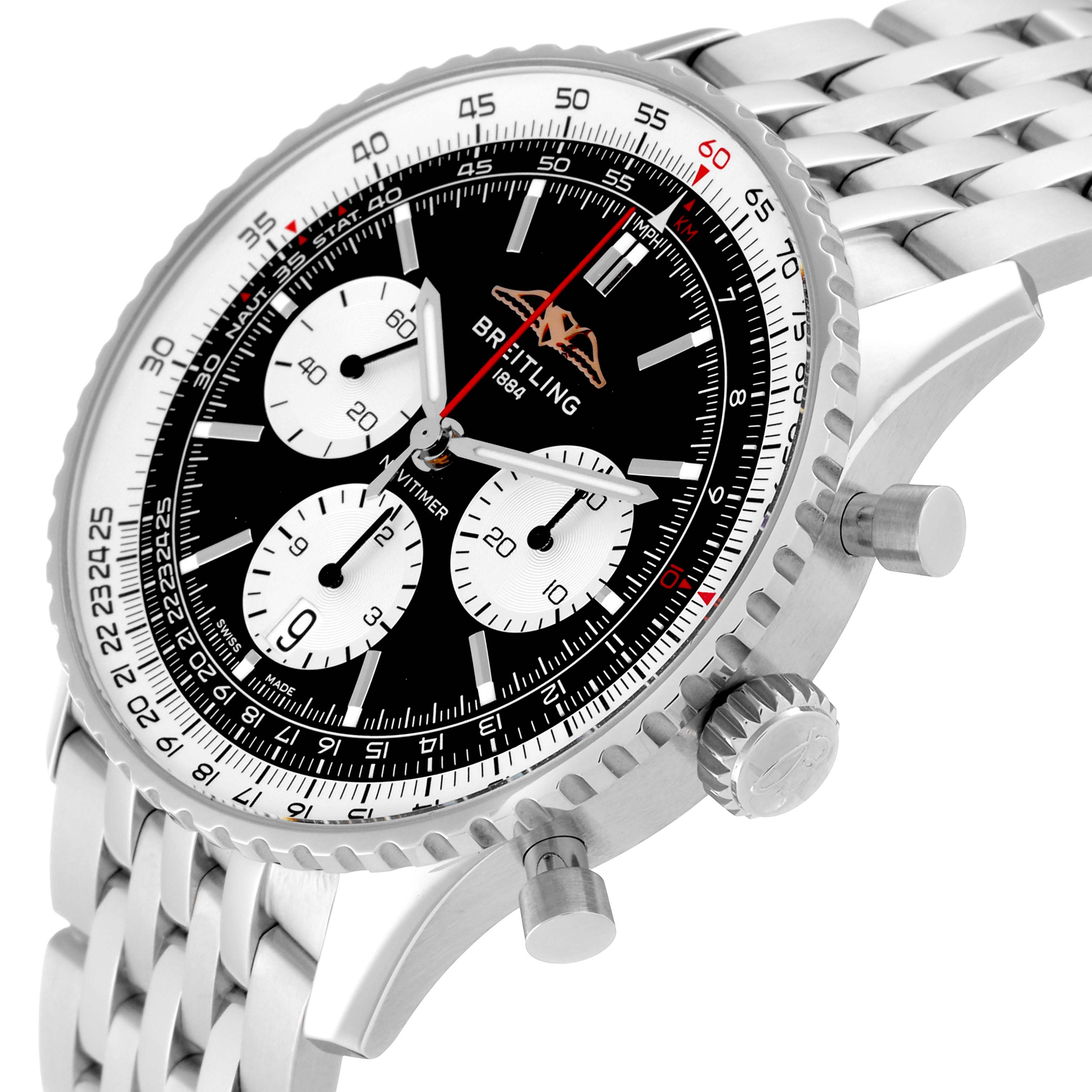 The image shows a close-up side angle of a Breitling Navitimer AB0138 Men's Stainless Steel Black Dial AB0138 Men's Stainless Steel Black Dial watch highlighting its face, bezel, pushers, and bracelet.