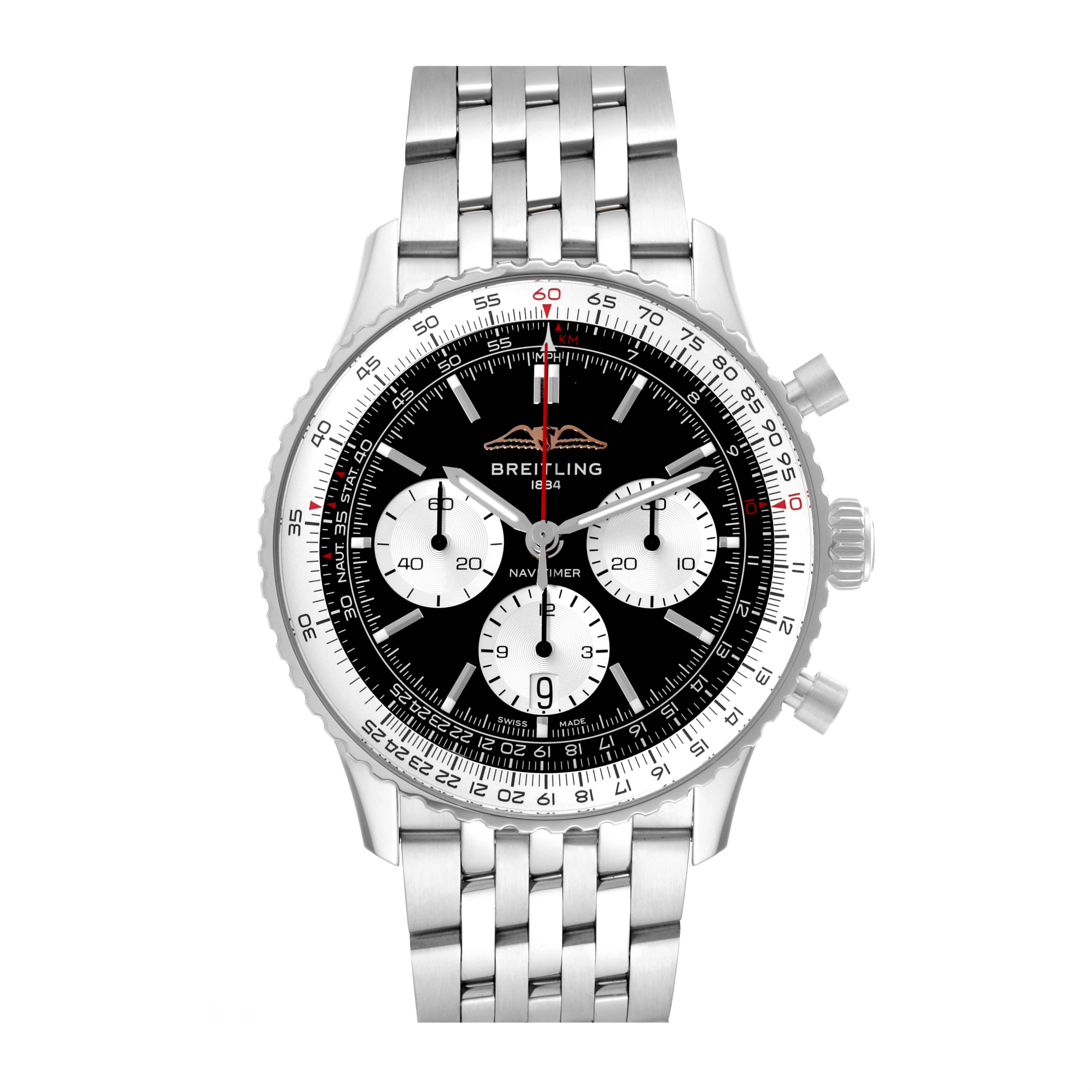 The image shows a front view of a Breitling Navitimer AB0138 Men's Stainless Steel Black Dial AB0138 Men's Stainless Steel Black Dial watch, highlighting its dial, bezel, sub-dials, and bracelet.
