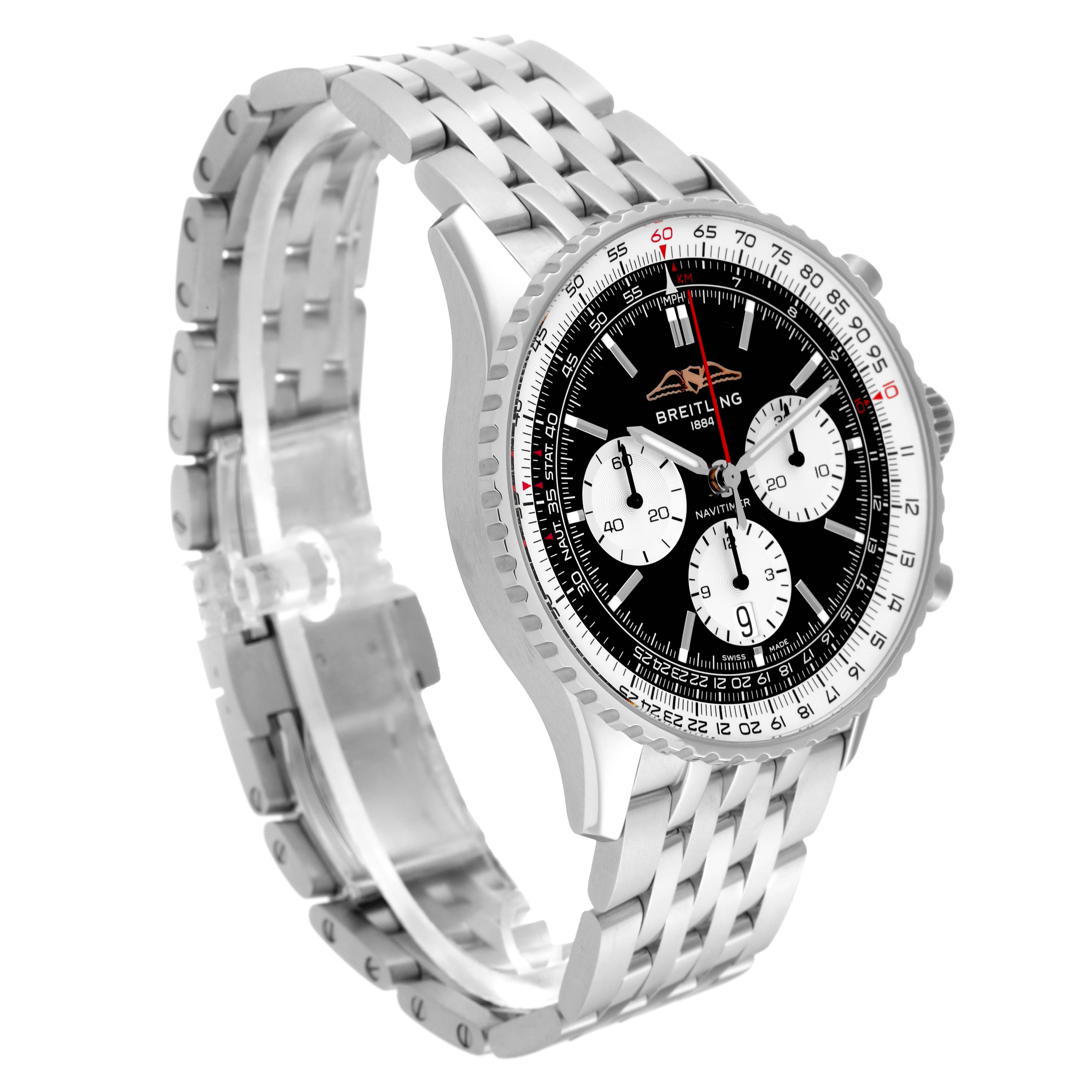 The Breitling Navitimer AB0138 Men's Stainless Steel Black Dial AB0138 Men's Stainless Steel Black Dial watch is shown at a three-quarter angle, highlighting its face, bezel, and metal bracelet.