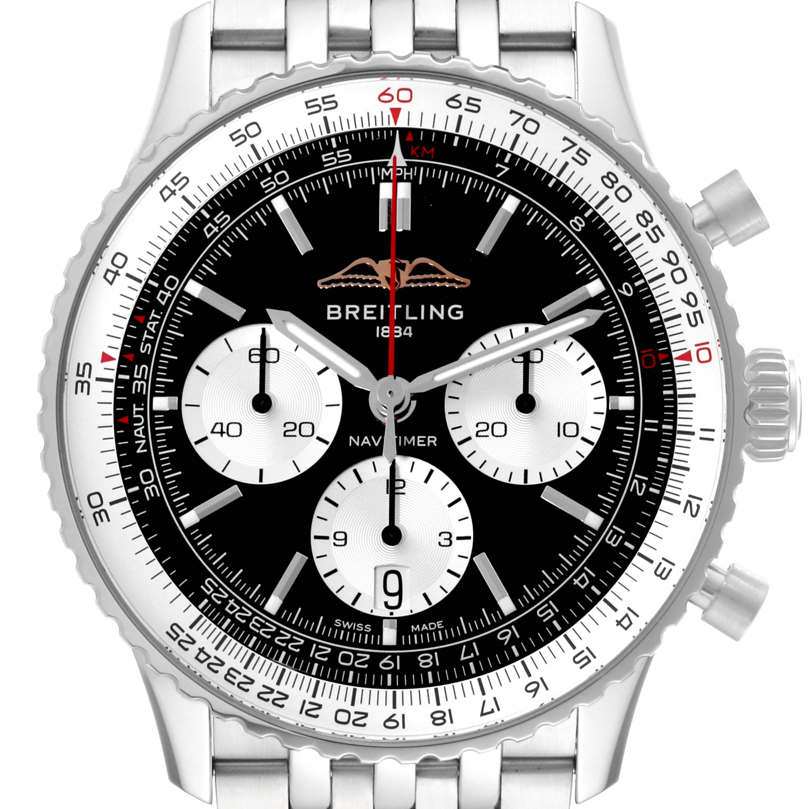 This image shows a top-down view of a Breitling Navitimer AB0138 Men's Stainless Steel Black Dial AB0138 Men's Stainless Steel Black Dial watch, highlighting its face, subdials, bezel, and crown.