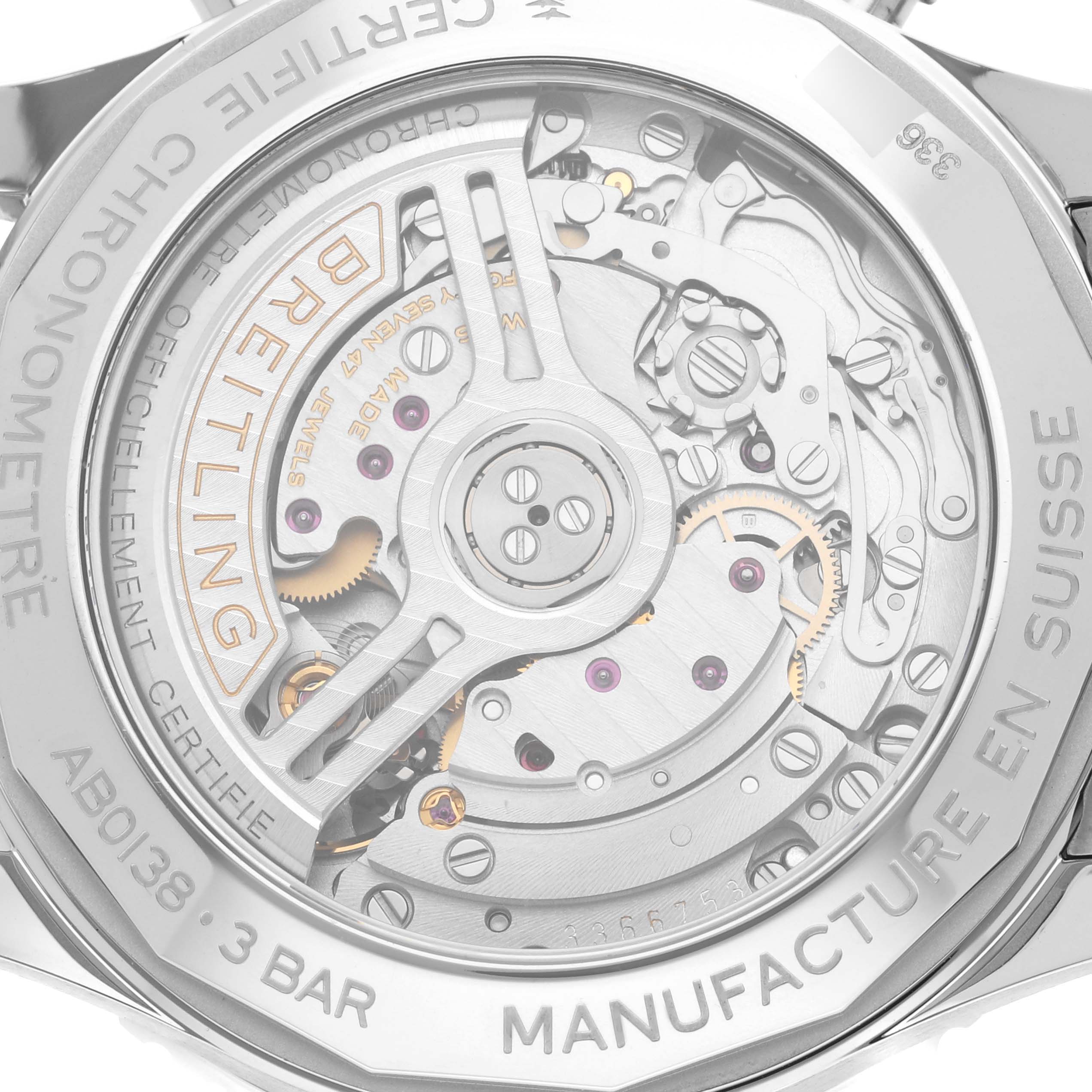 The image shows the back view of a Breitling Navitimer AB0138 Men's Stainless Steel Black Dial AB0138 Men's Stainless Steel Black Dial watch, highlighting its intricate movement and inner mechanics.