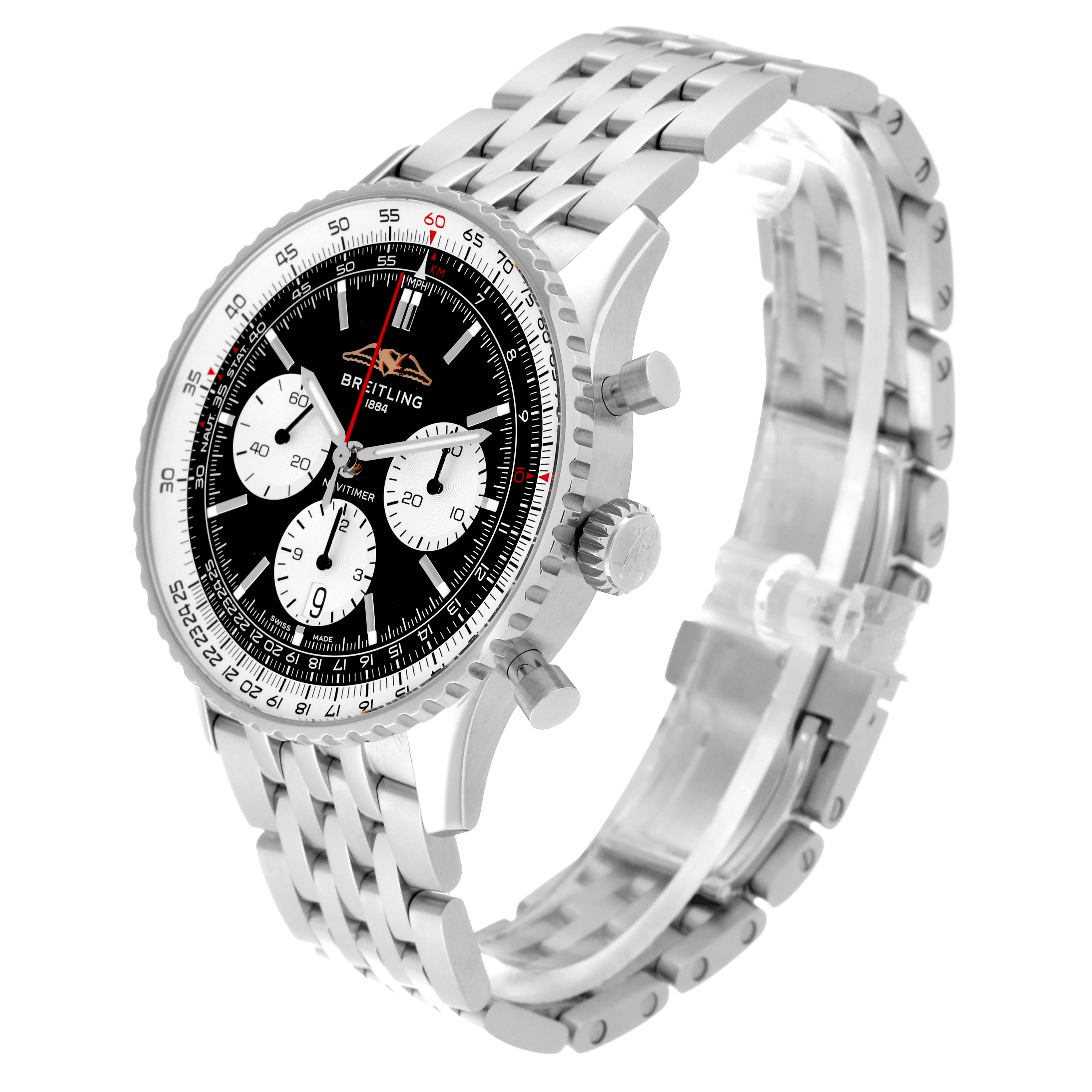 The image shows a Breitling Navitimer AB0138 Men's Stainless Steel Black Dial AB0138 Men's Stainless Steel Black Dial watch at a three-quarter angle, highlighting its face, bezel, and bracelet.