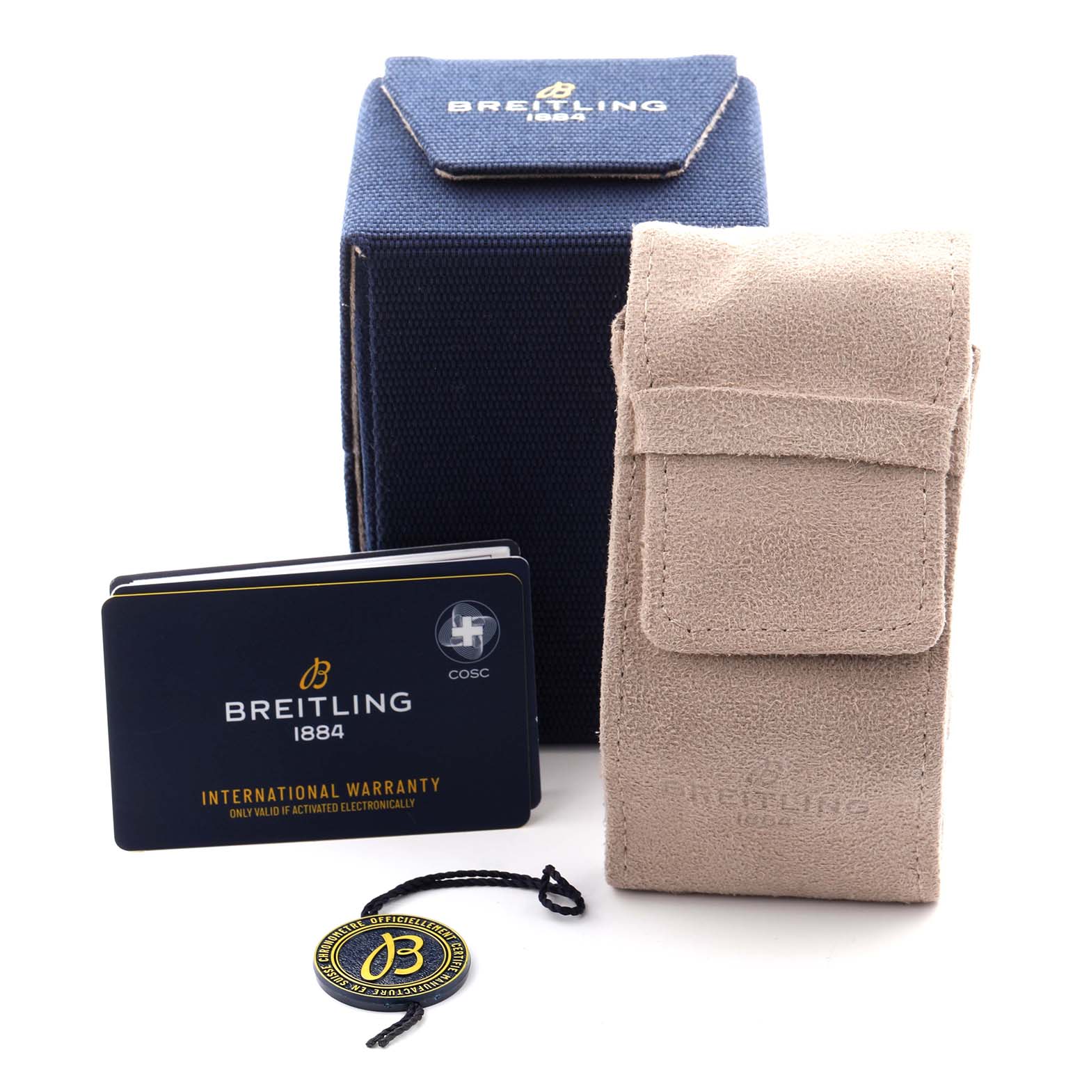 The image shows Breitling Navitimer AB0139241C1P1 Men
s Stainless Steel Blue Dial AB0139241C1P1 Men
s Stainless Steel Blue Dial packaging including a box, pouch, warranty card, and tag, displayed from a front angle.