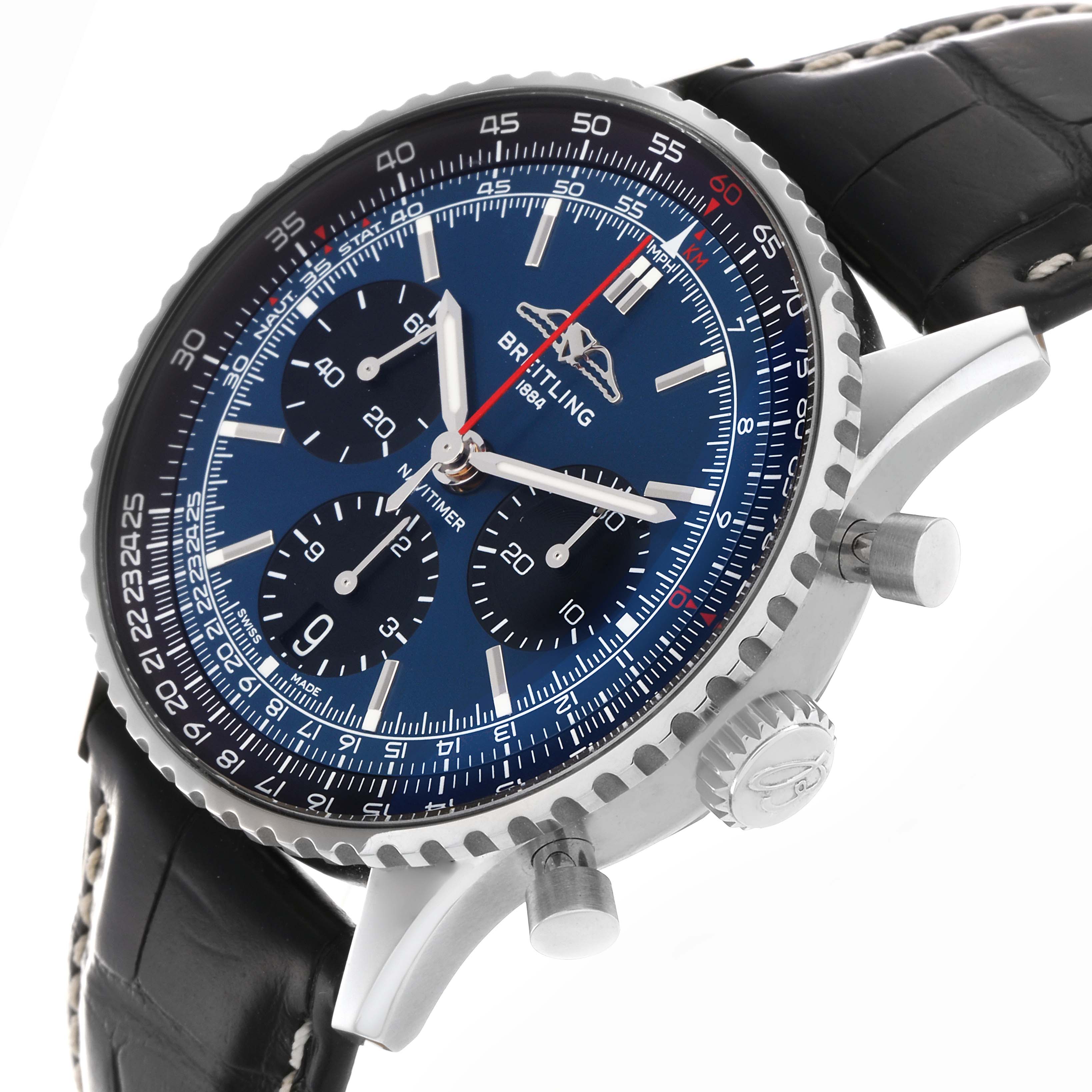 The Breitling Navitimer AB0139241C1P1 Men
s Stainless Steel Blue Dial AB0139241C1P1 Men
s Stainless Steel Blue Dial is shown at an angled view, highlighting the blue dial, subdials, bezel, crown, and pushers.