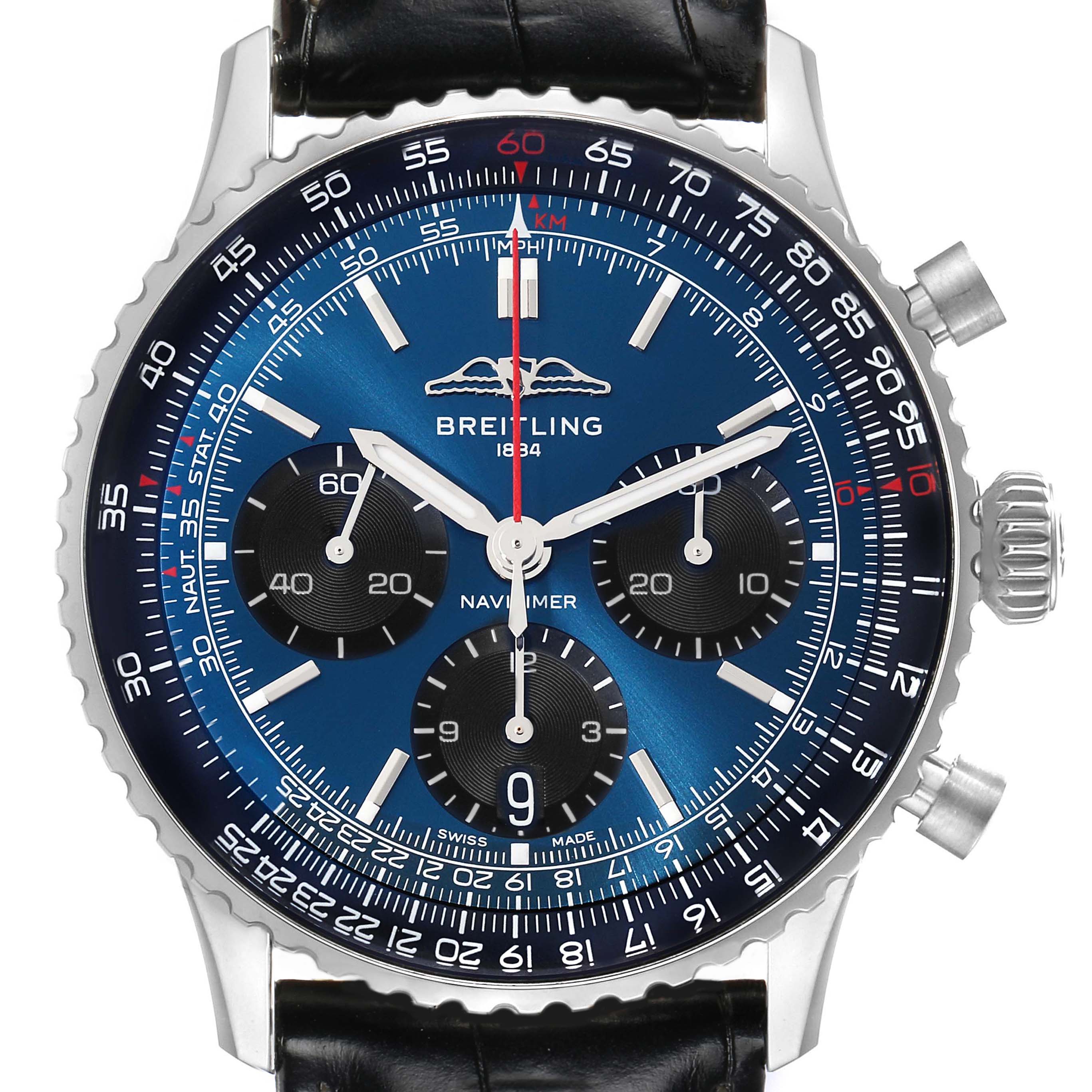 The Breitling Navitimer AB0139241C1P1 Men
s Stainless Steel Blue Dial AB0139241C1P1 Men
s Stainless Steel Blue Dial watch is shown from a front angle, highlighting the dial, chronograph sub-dials, bezel, and crown.
