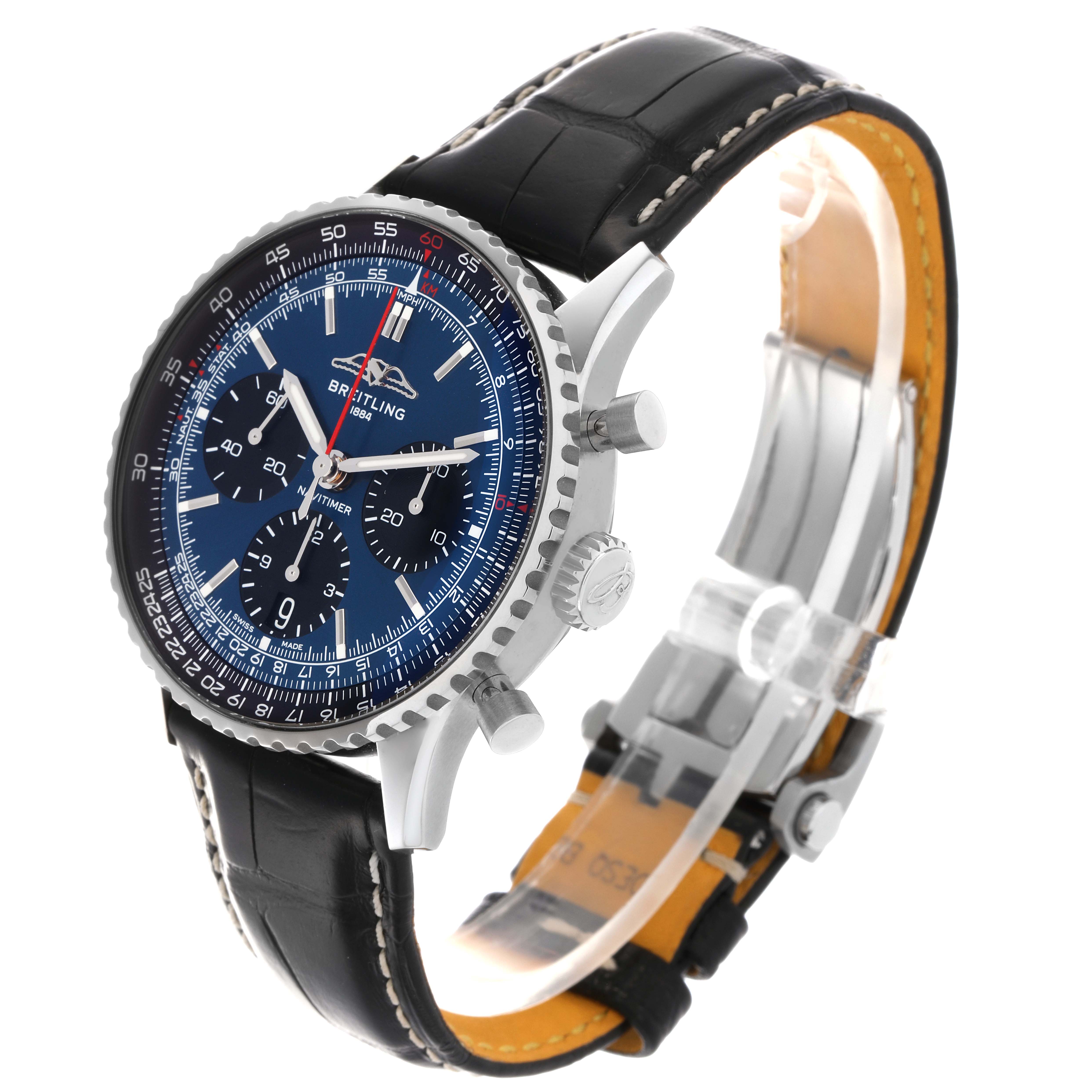 The Breitling Navitimer AB0139241C1P1 Men
s Stainless Steel Blue Dial AB0139241C1P1 Men
s Stainless Steel Blue Dial is shown at a three-quarter angle, highlighting the face, bezel, crown, pushers, and black leather strap.