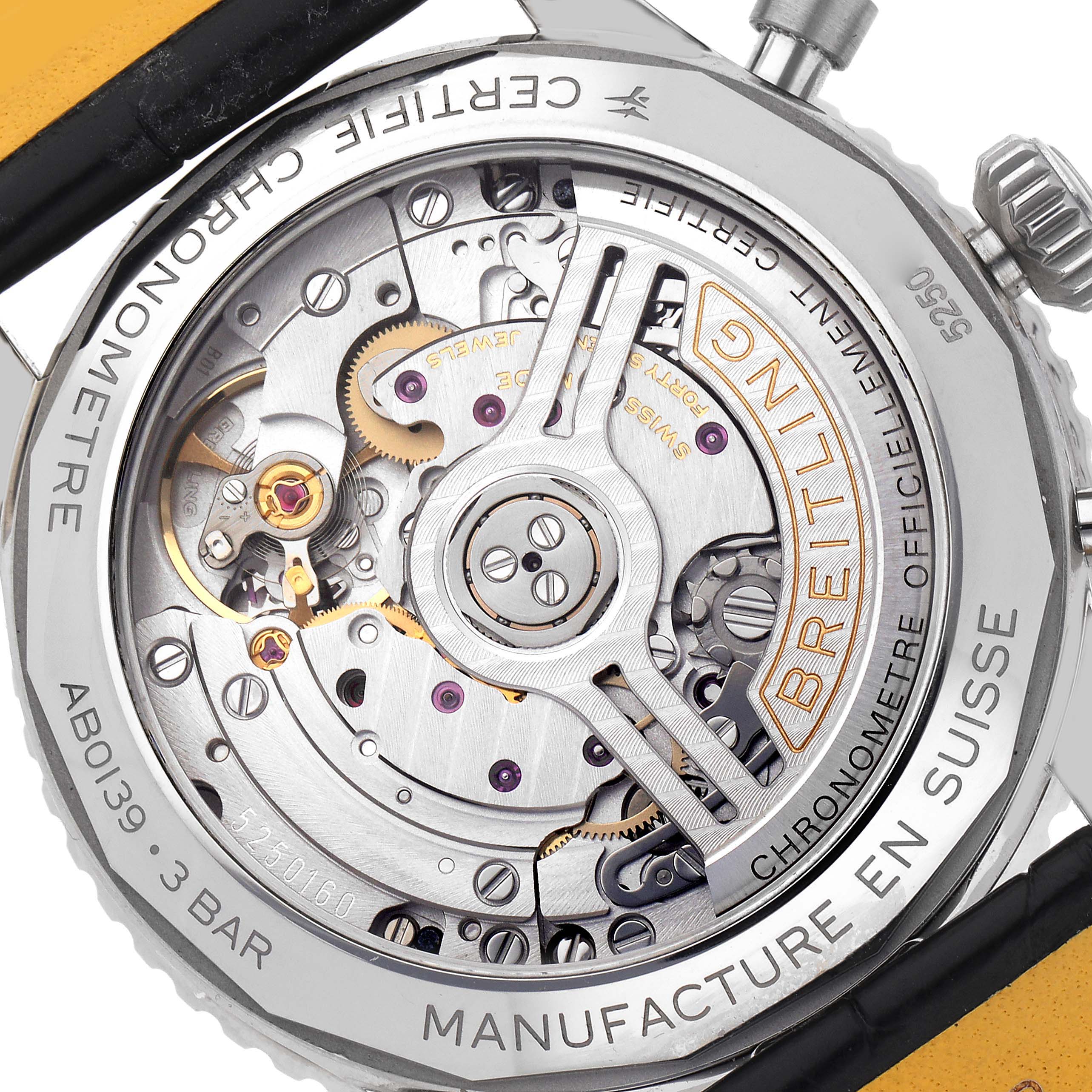 The Breitling Navitimer AB0139241C1P1 Men
s Stainless Steel Blue Dial AB0139241C1P1 Men
s Stainless Steel Blue Dial watch is shown from the back, highlighting its transparent case showcasing the intricate movement.