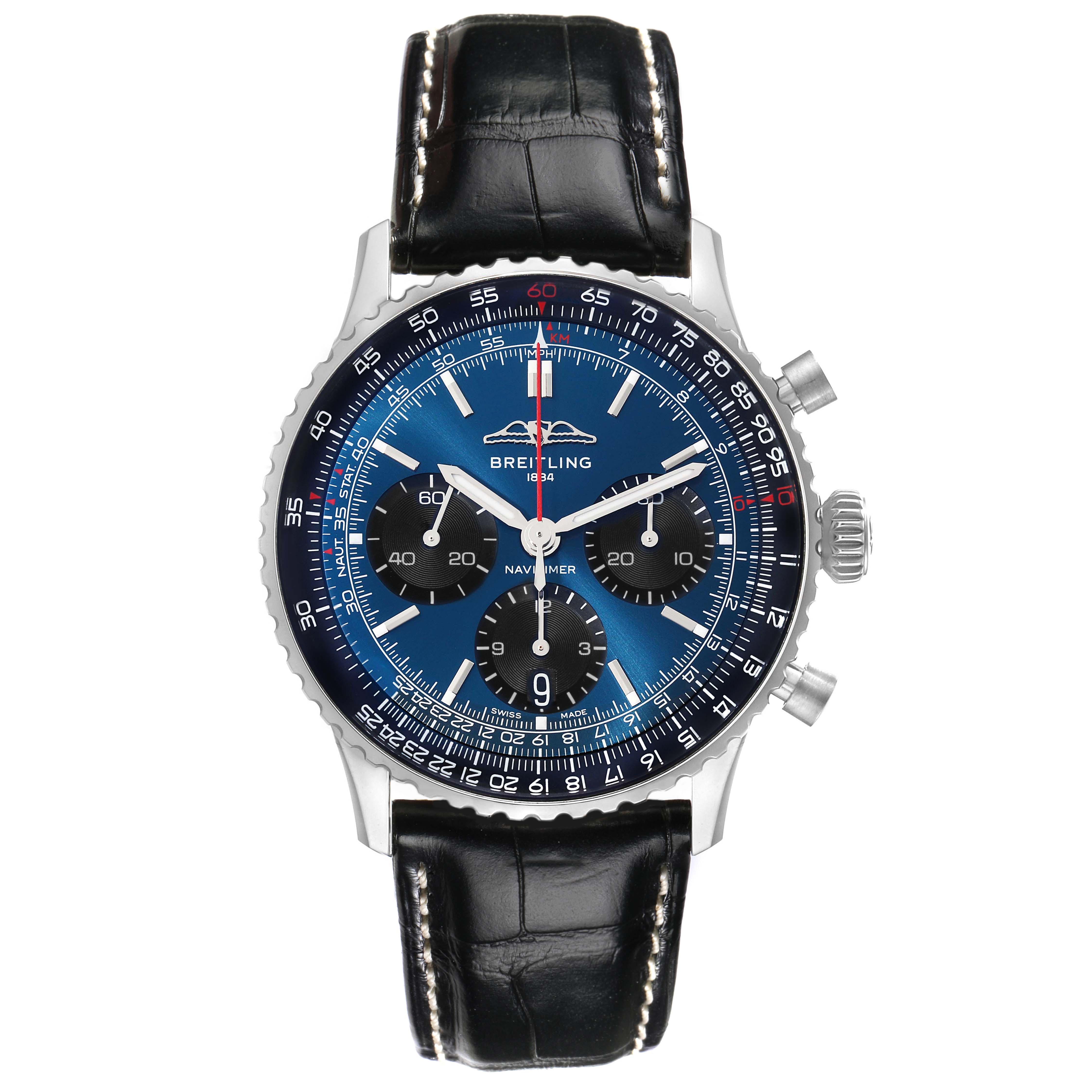 The Breitling Navitimer AB0139241C1P1 Men
s Stainless Steel Blue Dial AB0139241C1P1 Men
s Stainless Steel Blue Dial watch is shown from a top-down angle, displaying the face, bezel, crown, and leather strap.