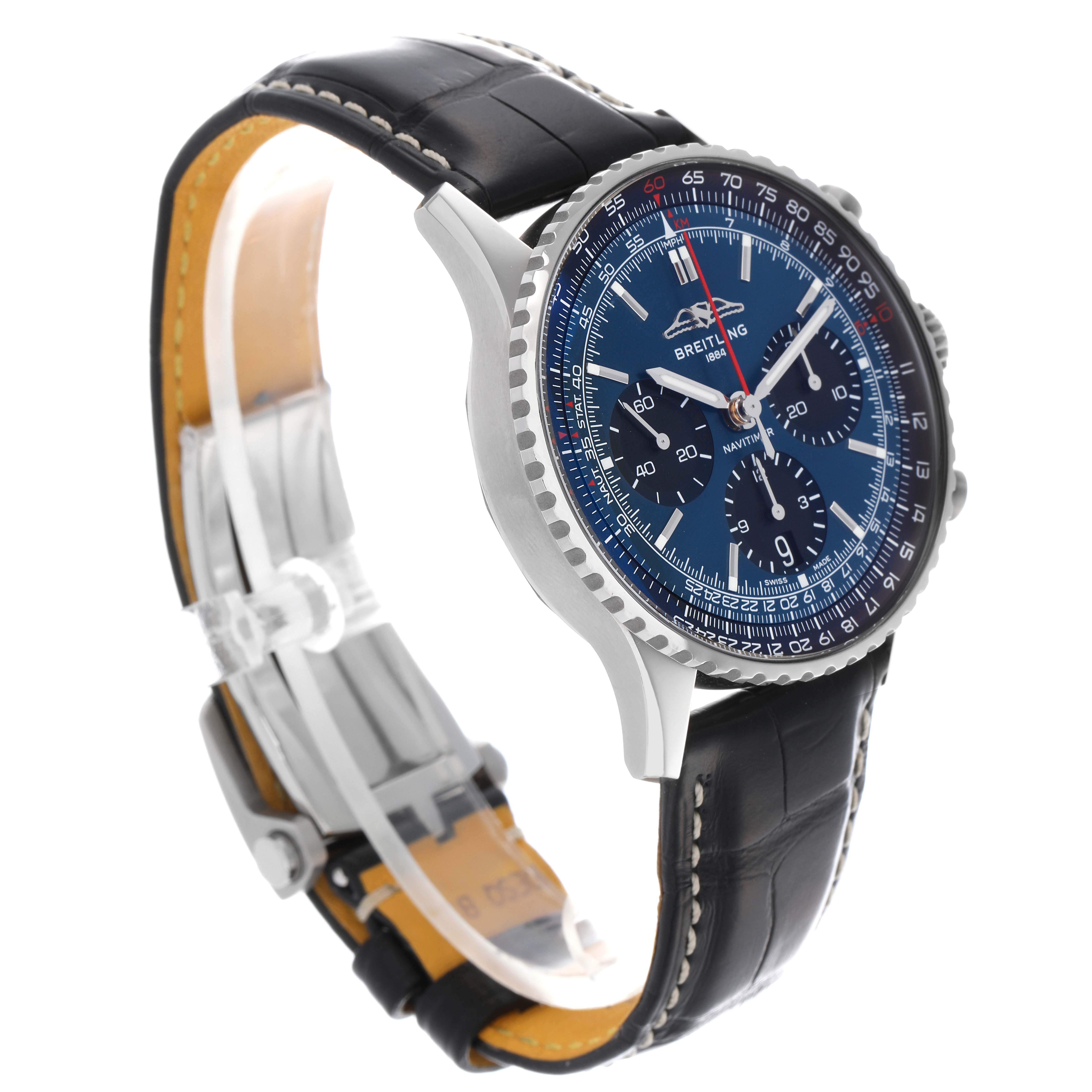 The image shows a Breitling Navitimer AB0139241C1P1 Men
s Stainless Steel Blue Dial AB0139241C1P1 Men
s Stainless Steel Blue Dial watch from a side angle, highlighting the dial, bezel, case, and strap.