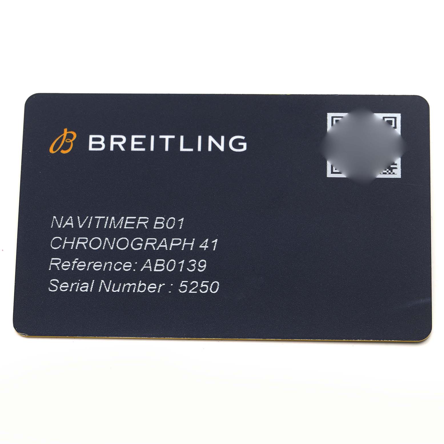 The image shows a flat card for the Breitling Navitimer AB0139241C1P1 Men
s Stainless Steel Blue Dial AB0139241C1P1 Men
s Stainless Steel Blue Dial B01 Chronograph 41 with reference and serial numbers.