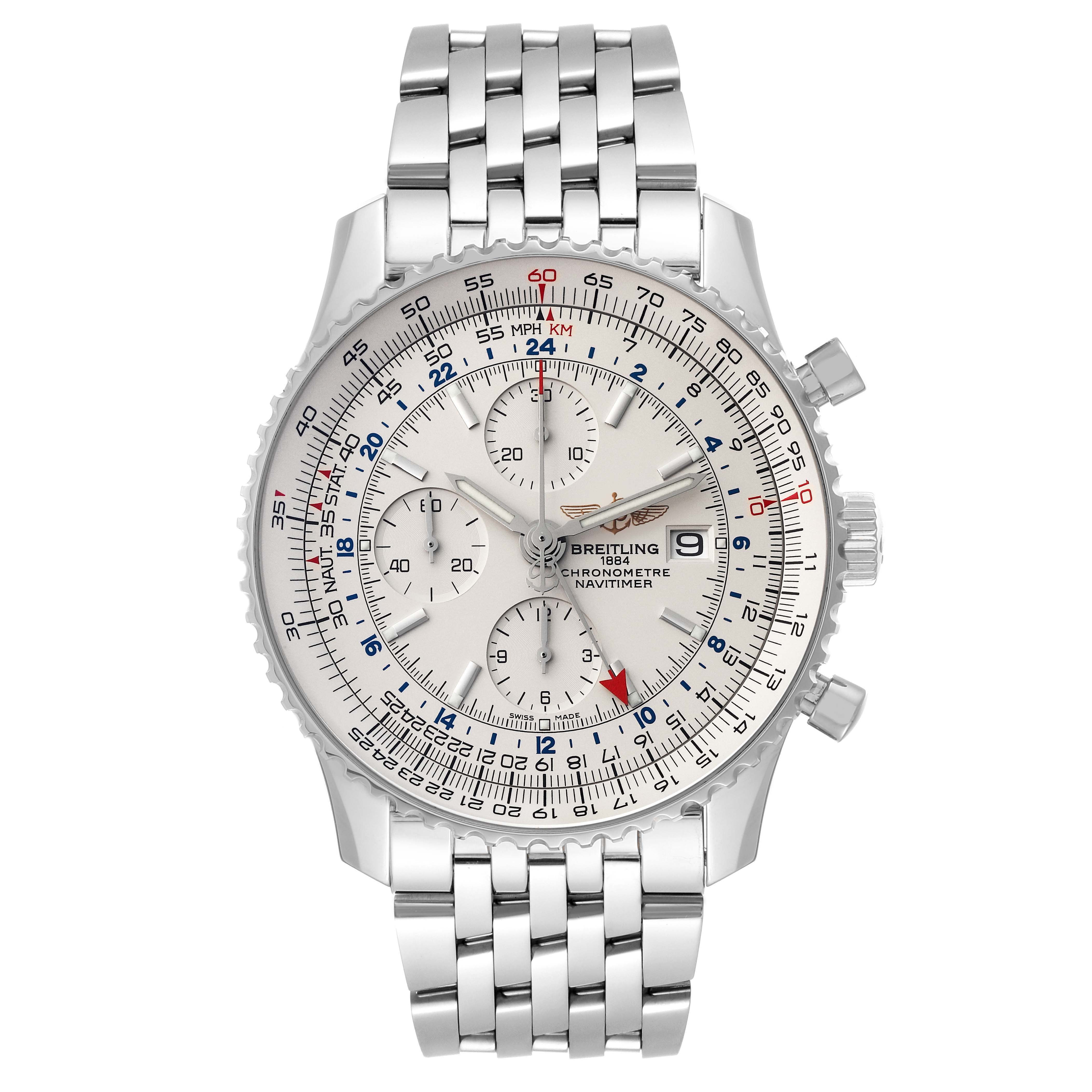 The image shows a front view of the Breitling Navitimer A24322 Men's Stainless Steel Silver Dial A24322 Men's Stainless Steel Silver Dial model, highlighting the dial, subdials, and stainless steel bracelet.