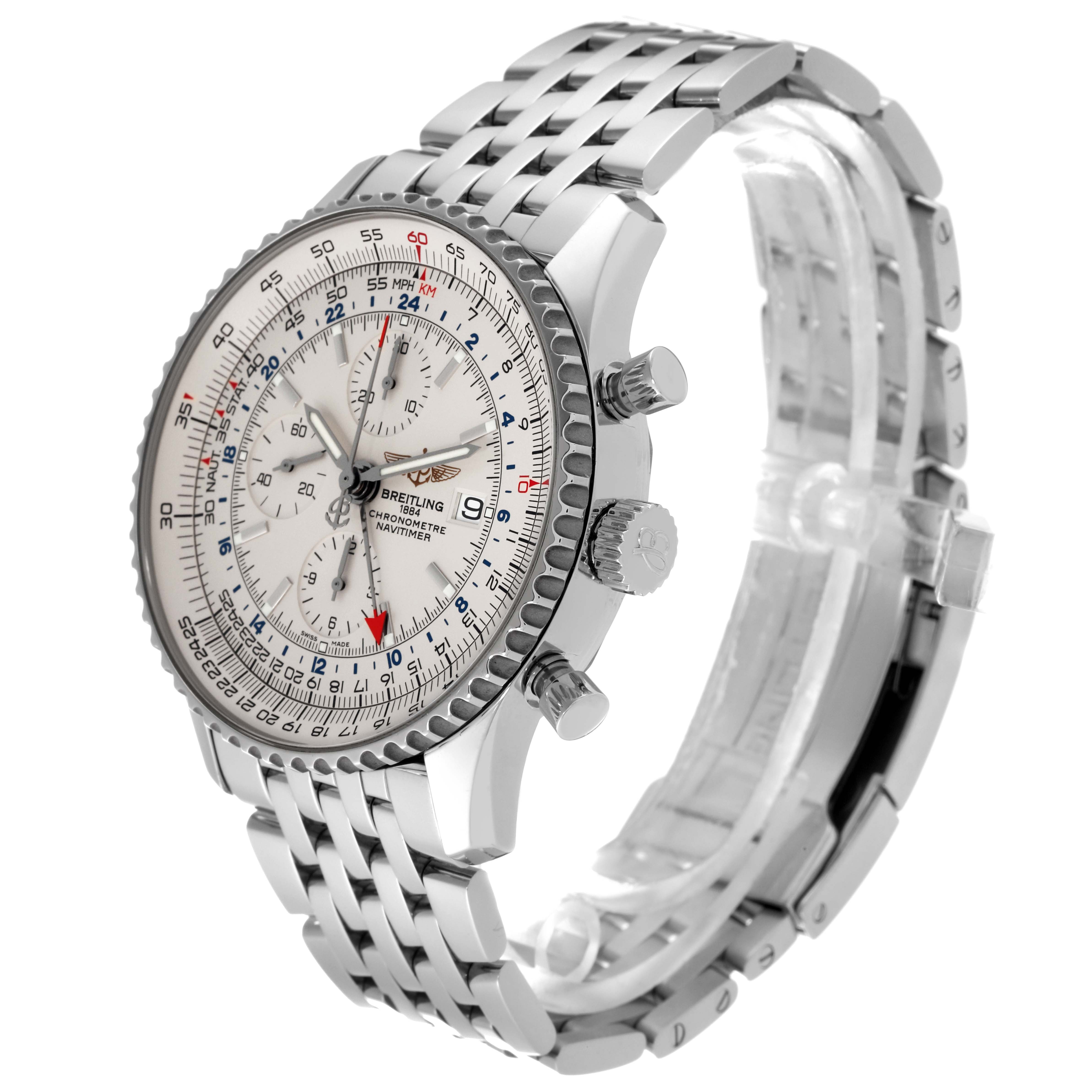 This image shows a Breitling Navitimer A24322 Men's Stainless Steel Silver Dial A24322 Men's Stainless Steel Silver Dial watch from an angled side view, highlighting the face, bezel, crown, and bracelet.