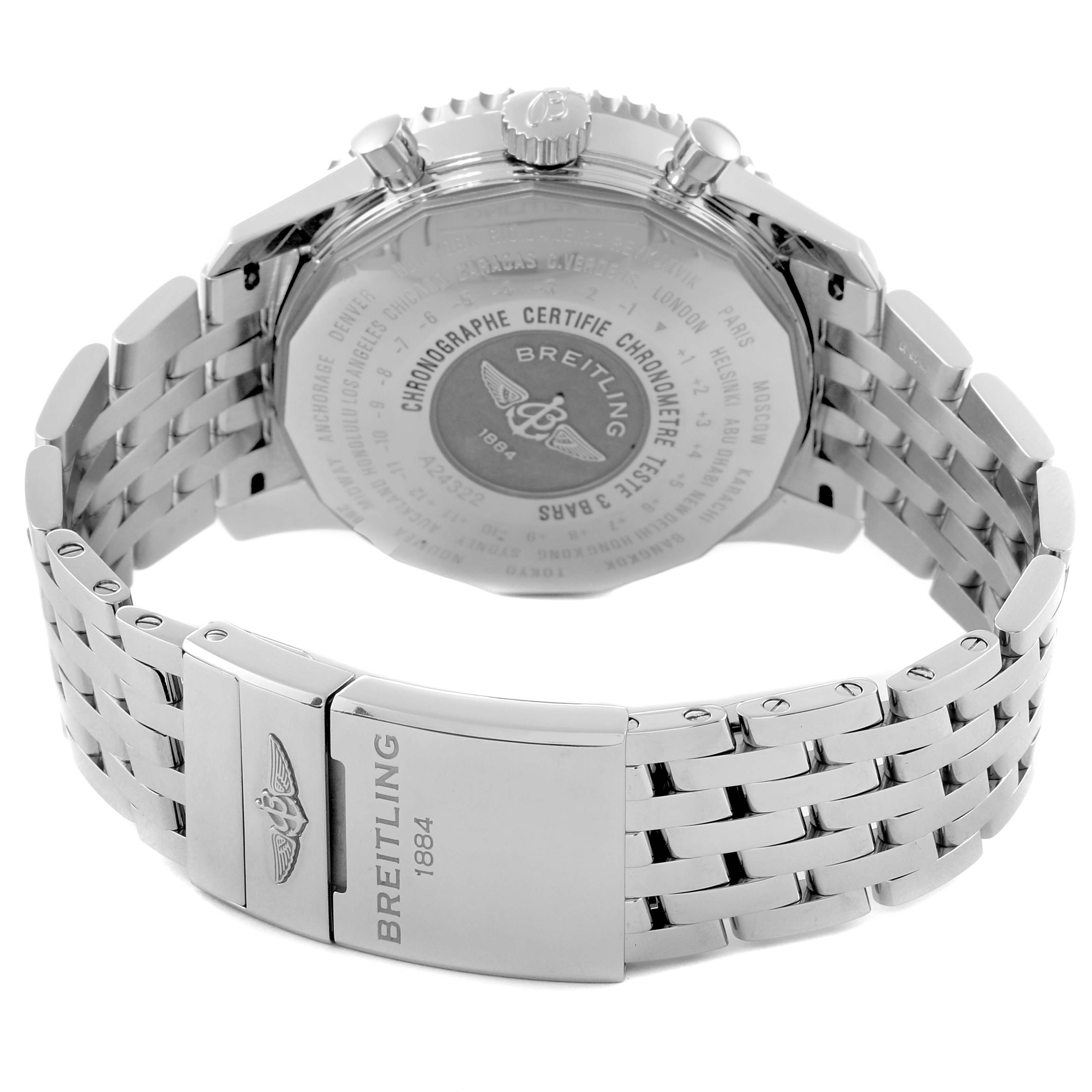 The image shows the back view of a Breitling Navitimer A24322 Men's Stainless Steel Silver Dial A24322 Men's Stainless Steel Silver Dial watch, highlighting its case back, clasp, and stainless steel bracelet.