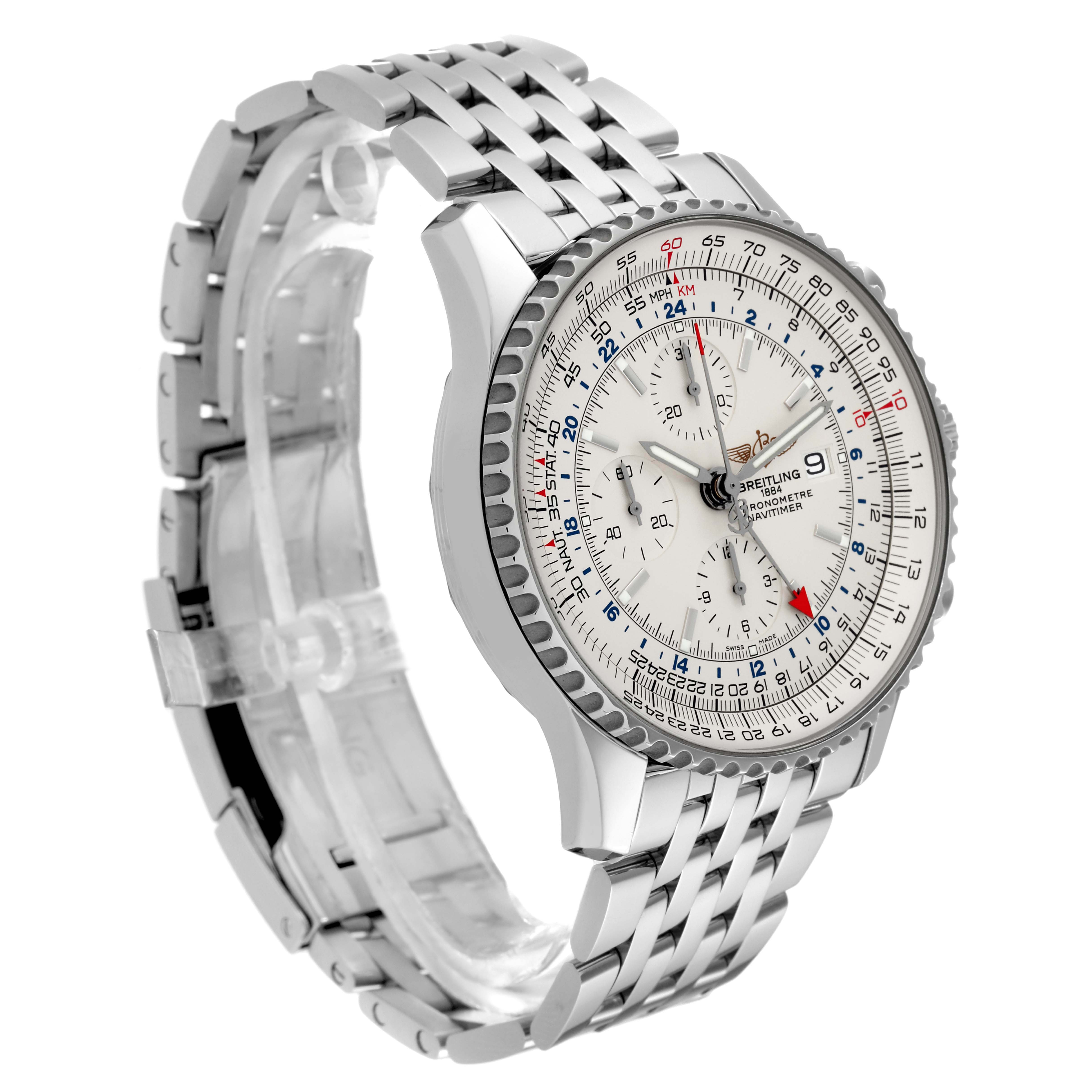 The image shows a Breitling Navitimer A24322 Men's Stainless Steel Silver Dial A24322 Men's Stainless Steel Silver Dial watch at a slight side angle, highlighting its dial, bezel, and stainless steel bracelet.