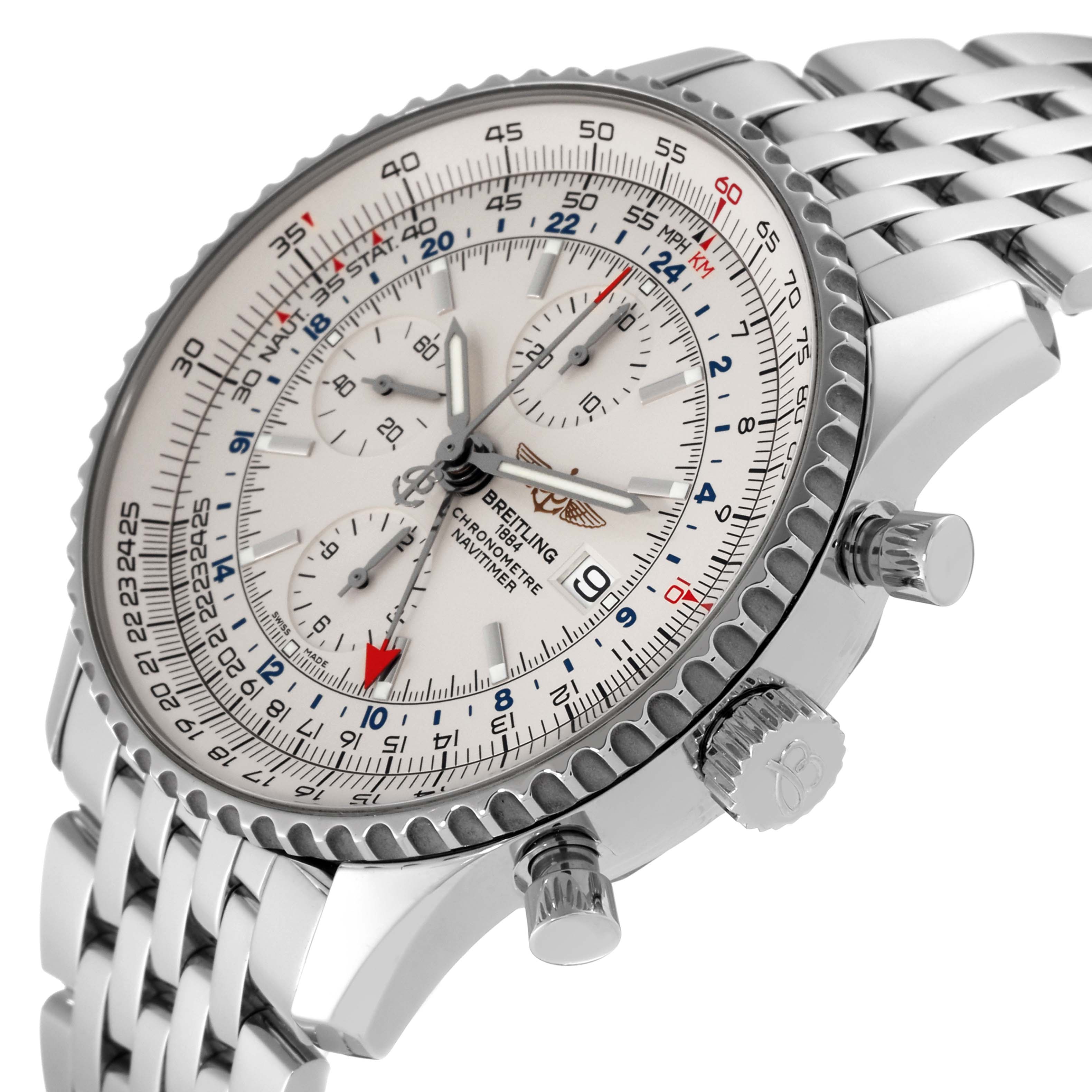 The image shows a Breitling Navitimer A24322 Men's Stainless Steel Silver Dial A24322 Men's Stainless Steel Silver Dial watch from a side angle, highlighting the dial, bezel, crown, and part of the bracelet.