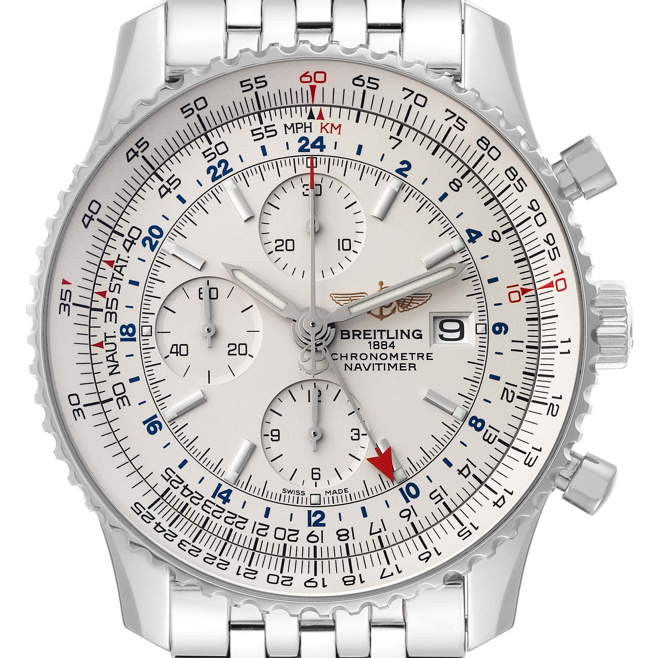 The image shows a front view of the Breitling Navitimer A24322 Men's Stainless Steel Silver Dial A24322 Men's Stainless Steel Silver Dial watch, highlighting the dial, bezel, and bracelet.