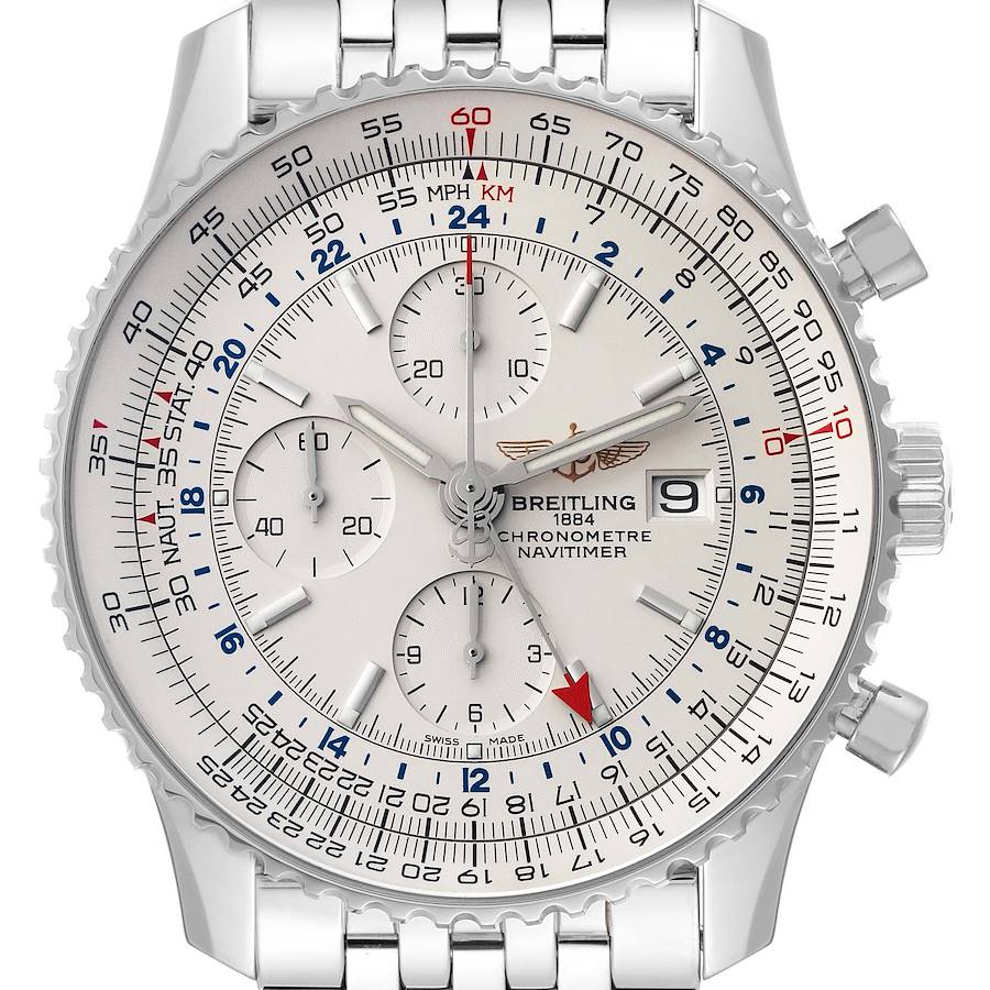 The image shows a front view of the Breitling Navitimer watch, highlighting the dial, bezel, and bracelet.