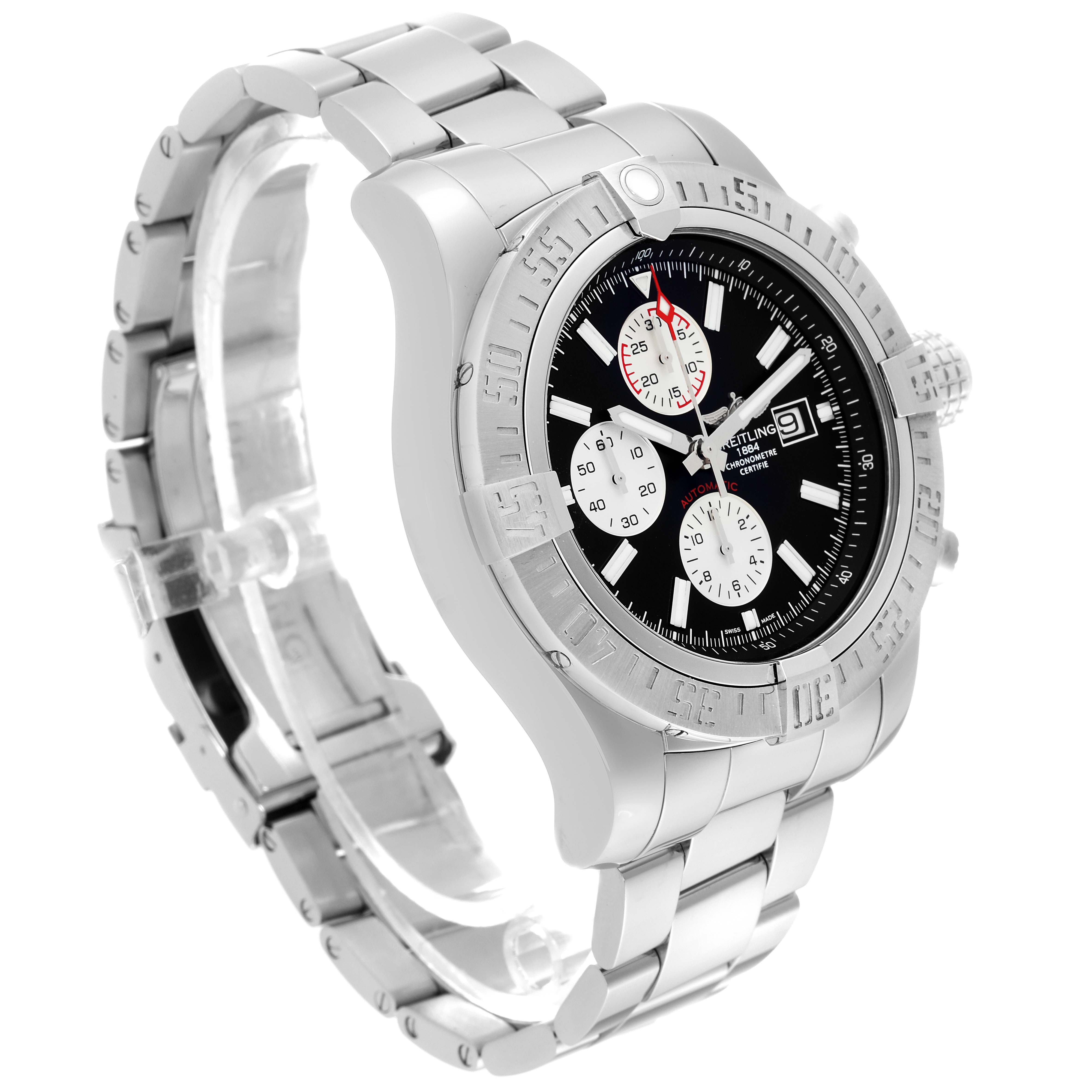 The Breitling Avenger A13371 Men's Stainless Steel Black Dial A13371 Men's Stainless Steel Black Dial watch is shown at a three-quarter angle, displaying its face, bezel, bracelet, and crown.