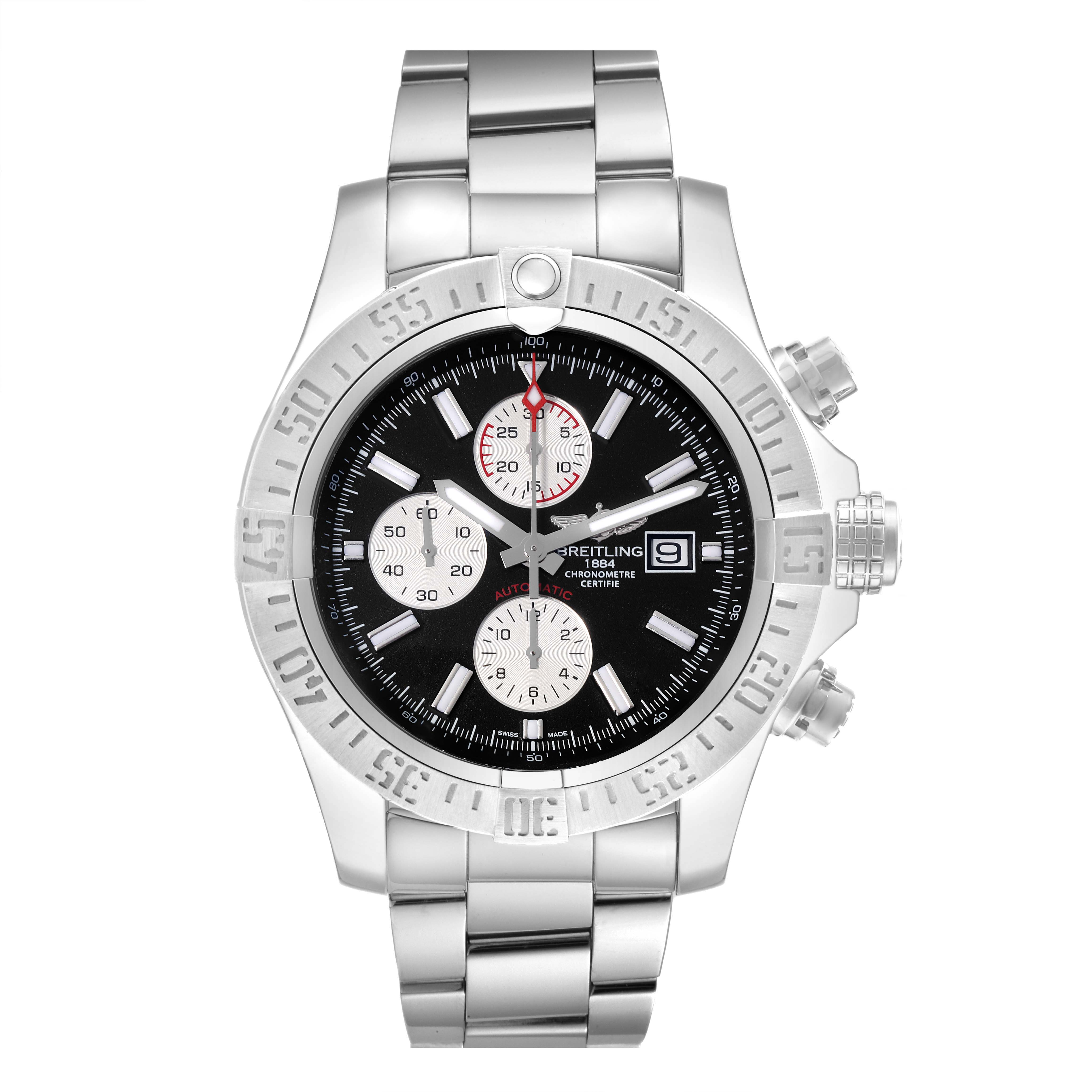 The image shows a front view of a Breitling Avenger A13371 Men's Stainless Steel Black Dial A13371 Men's Stainless Steel Black Dial watch, highlighting its dial, bezel, and stainless steel bracelet.
