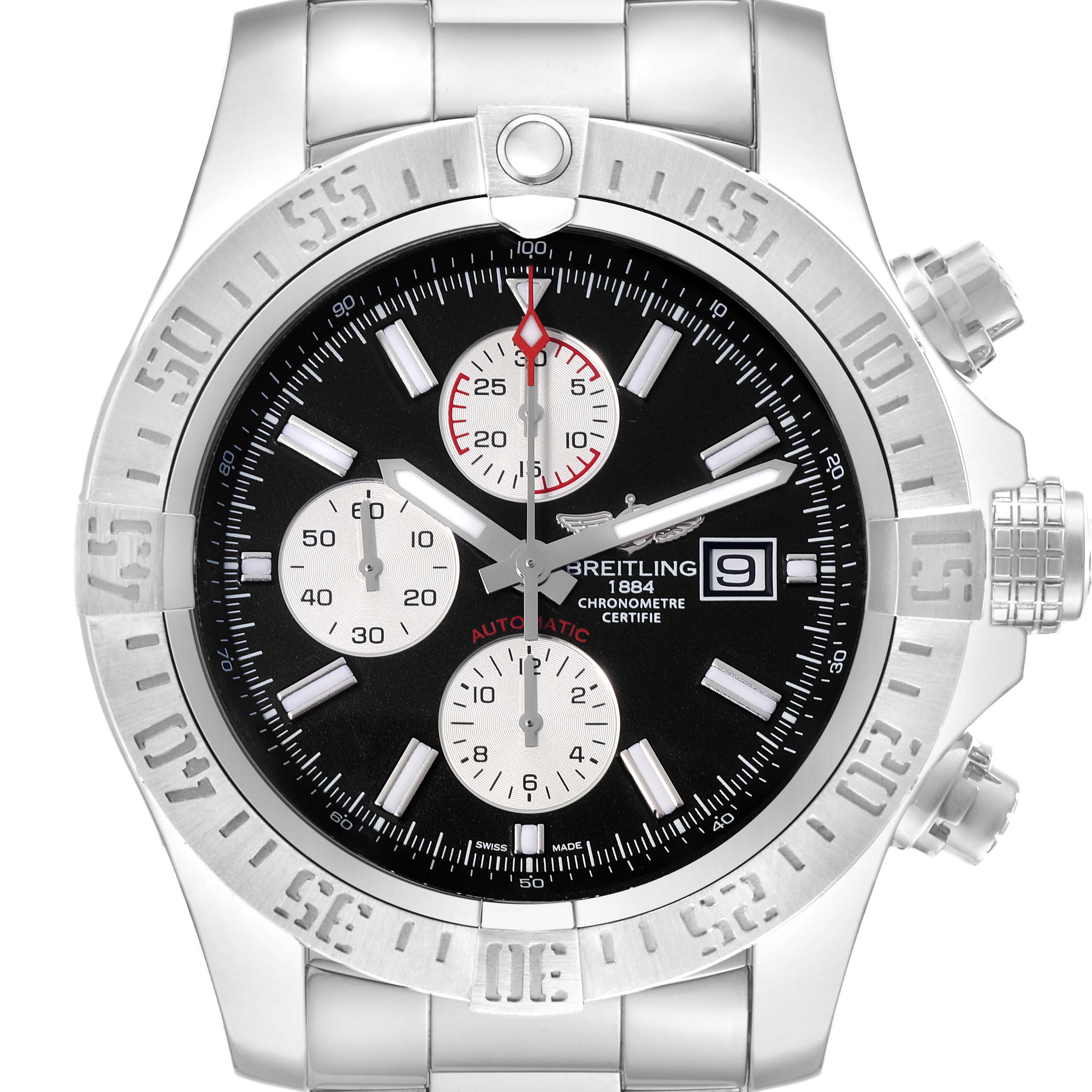 The Breitling Avenger A13371 Men's Stainless Steel Black Dial A13371 Men's Stainless Steel Black Dial model is shown from a front angle, displaying the watch face, bezel, and parts of the metal bracelet.