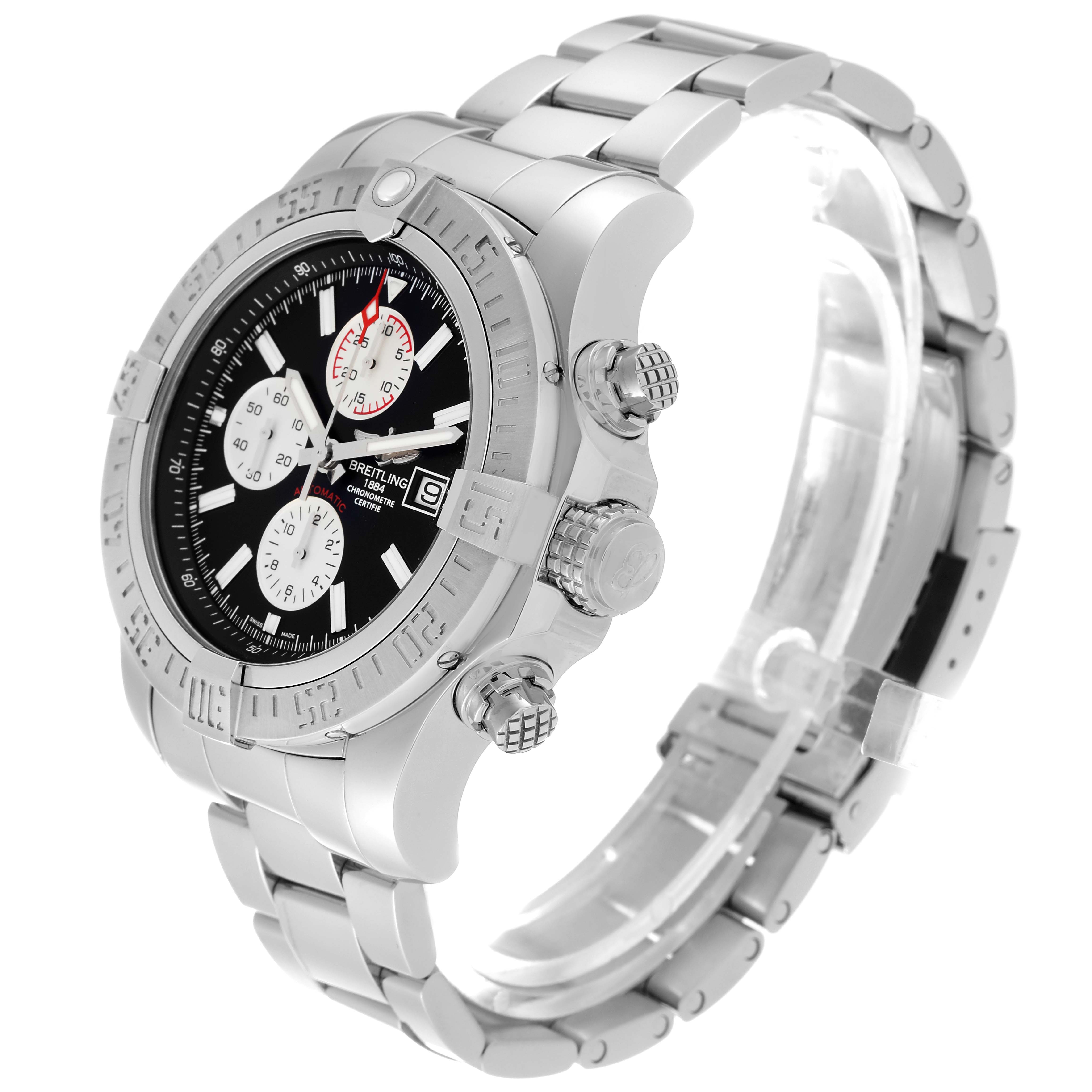 The image shows a Breitling Avenger A13371 Men's Stainless Steel Black Dial A13371 Men's Stainless Steel Black Dial model watch at a three-quarter angle, highlighting its face, bezel, crown, and stainless steel band.