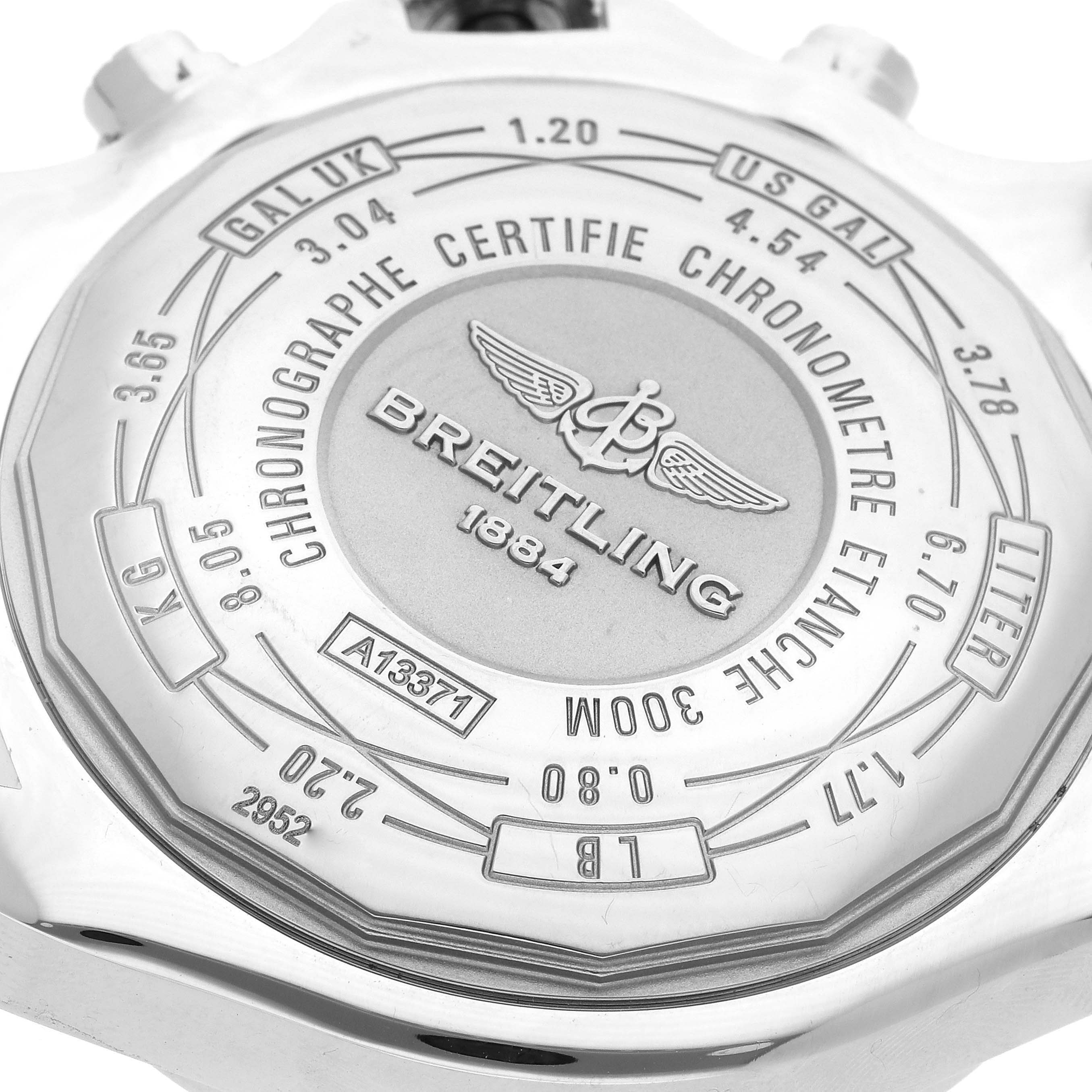 The image shows the back case of a Breitling Avenger A13371 Men's Stainless Steel Black Dial A13371 Men's Stainless Steel Black Dial watch, highlighting the brand logo, model, and various certification details.