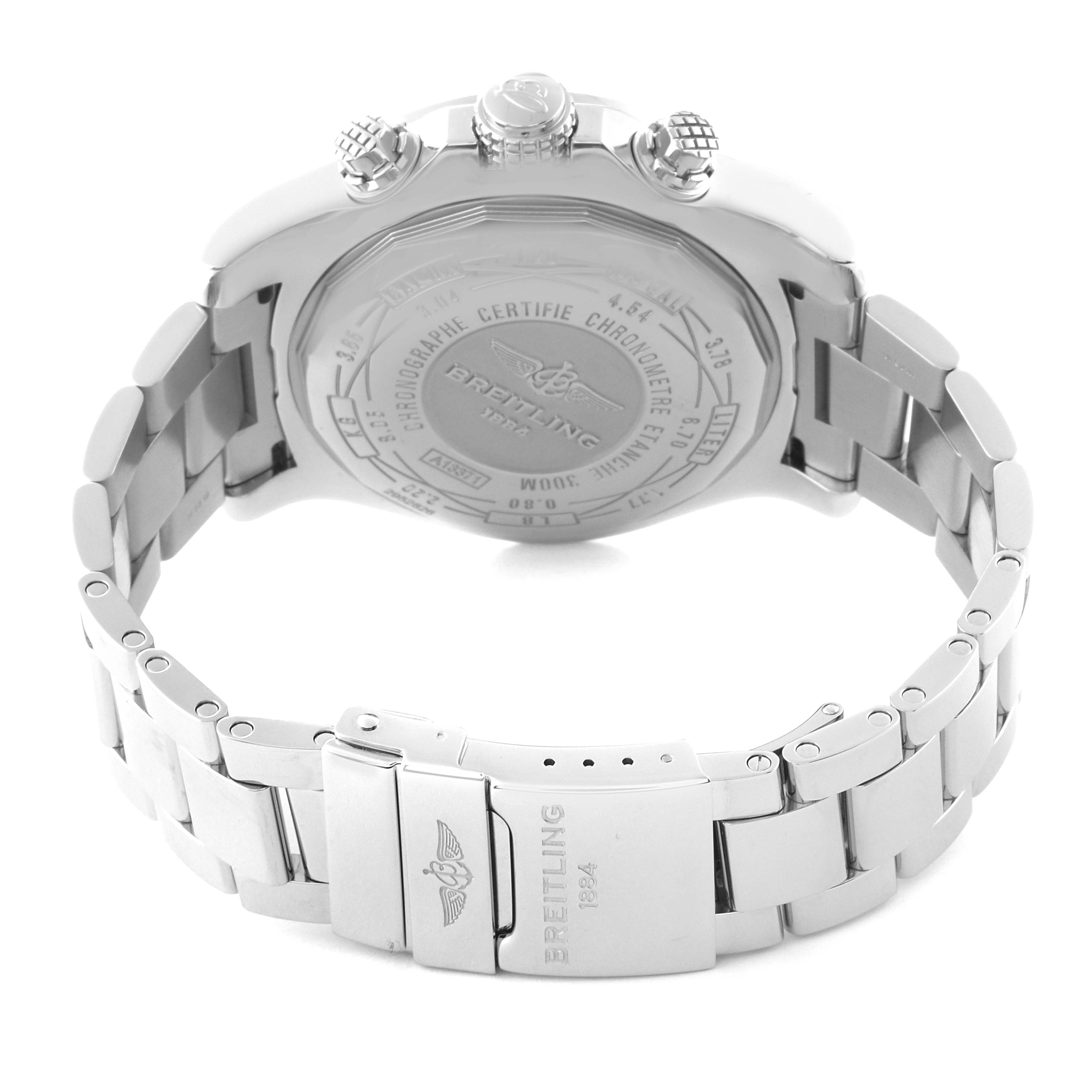 The image shows the back case, crown, pushers, and bracelet of the Breitling Avenger A13371 Men's Stainless Steel Black Dial A13371 Men's Stainless Steel Black Dial model watch from a rear angle.