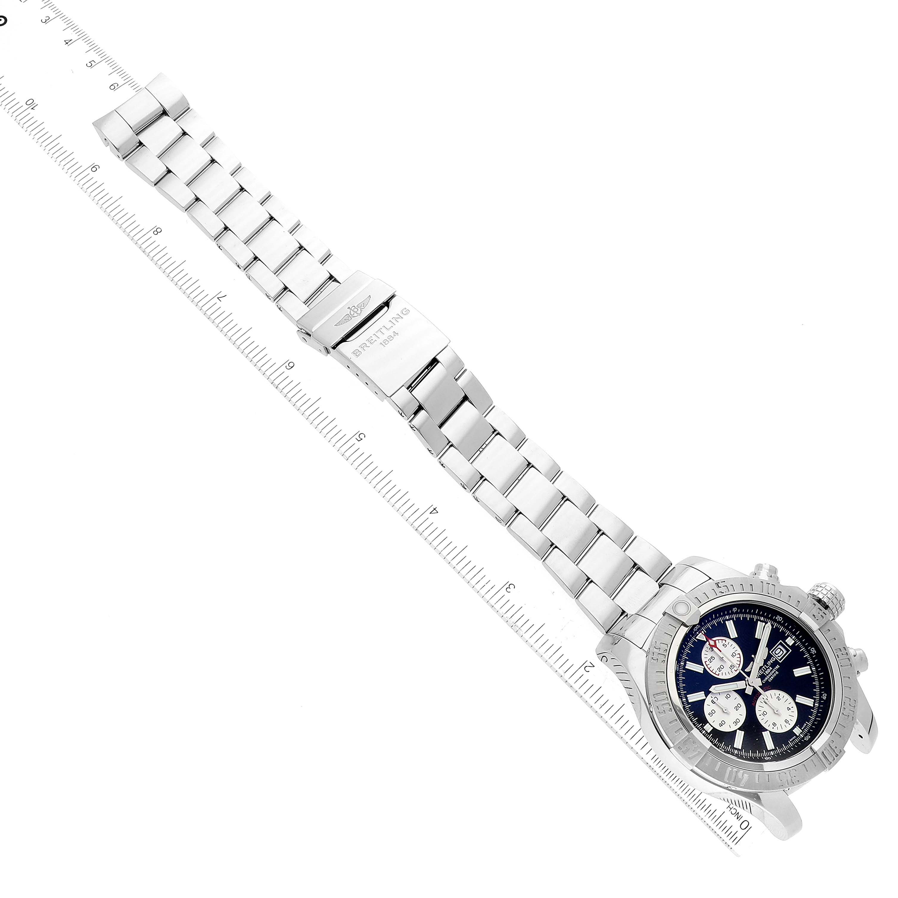 The image shows a Breitling Avenger A13371 Men's Stainless Steel Black Dial A13371 Men's Stainless Steel Black Dial watch at an angled top view, including the face, bezel, bracelet, and clasp.