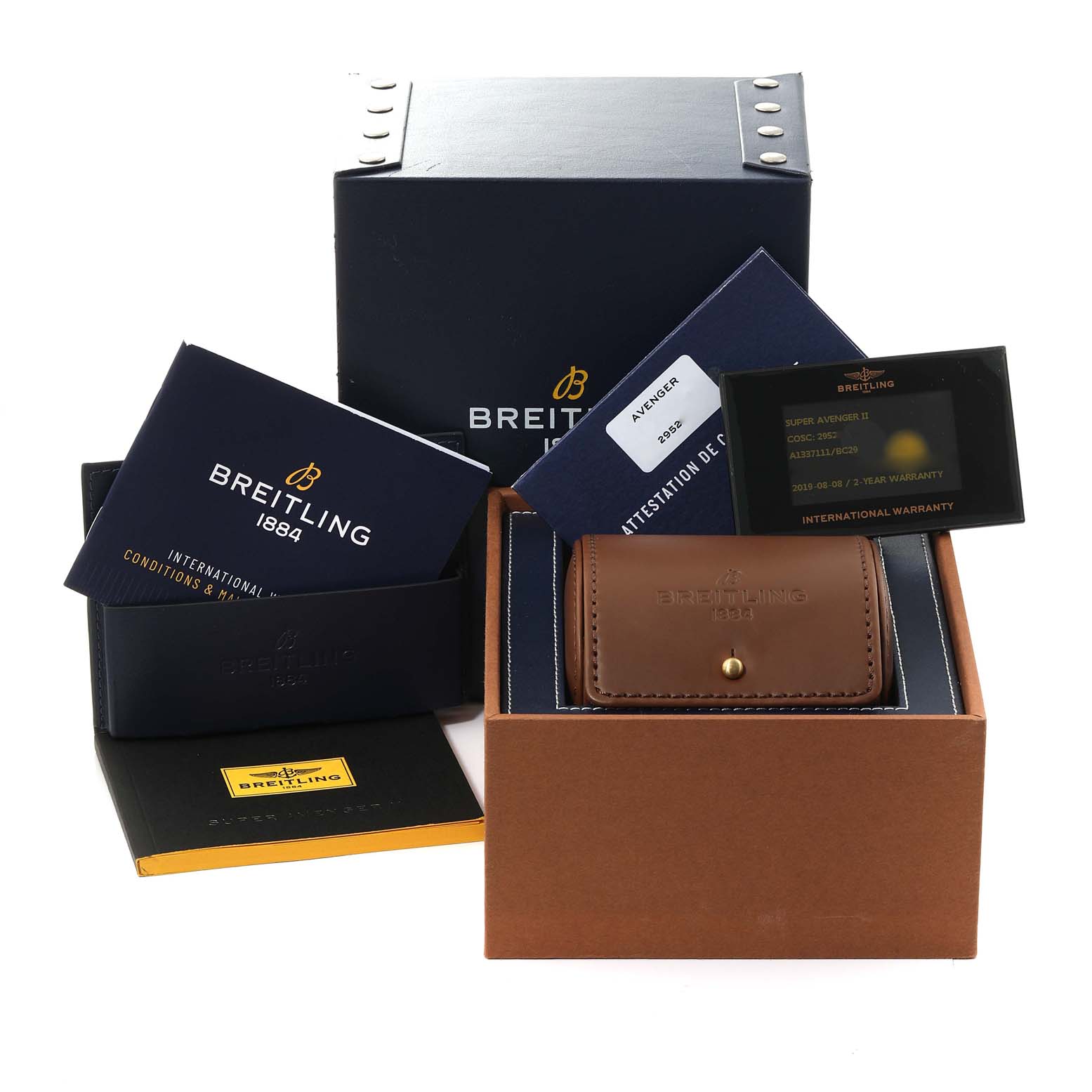 The image shows Breitling Avenger A13371 Men's Stainless Steel Black Dial A13371 Men's Stainless Steel Black Dial watch packaging, warranty card, manuals, and a leather pouch.