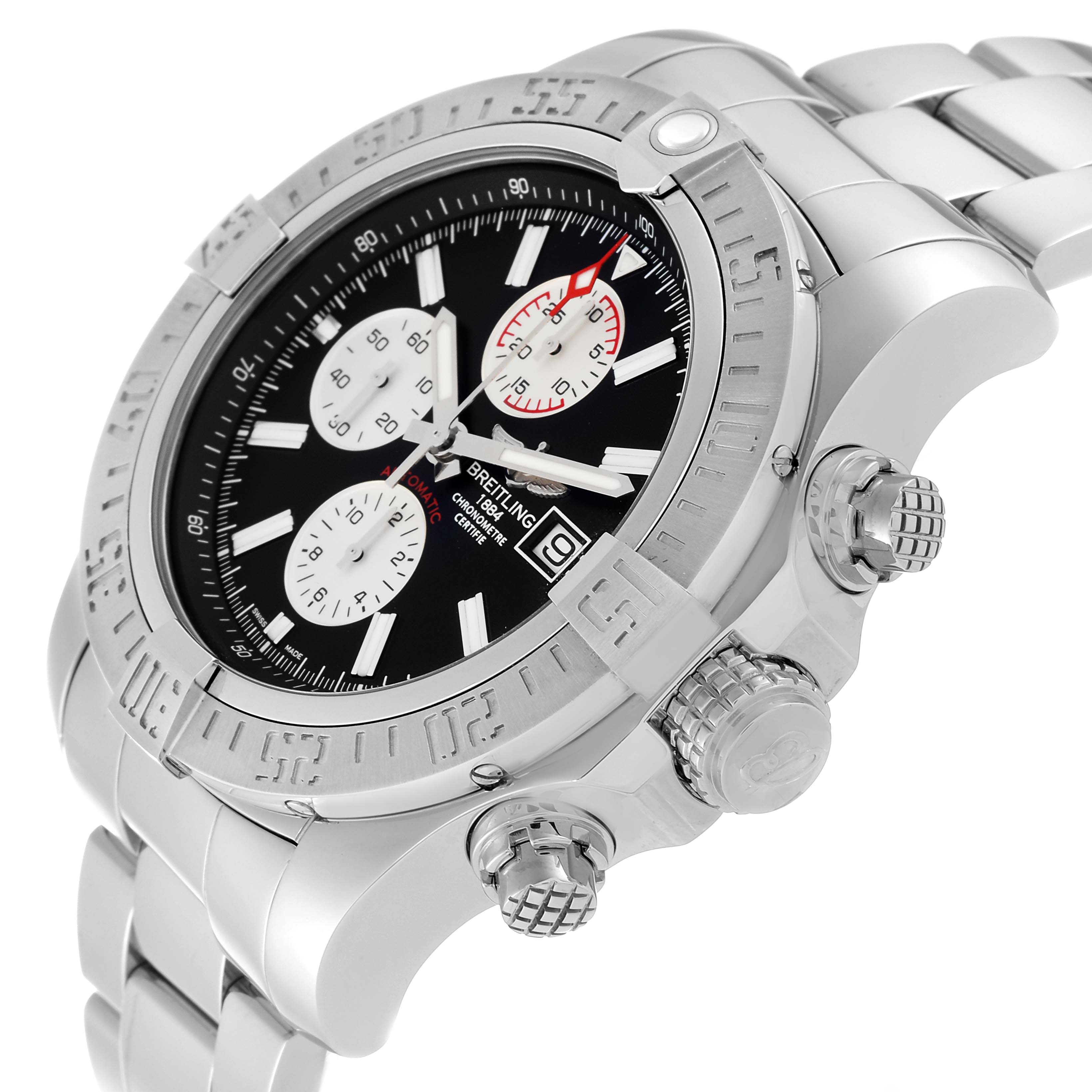 This image shows a side angle of a Breitling Avenger A13371 Men's Stainless Steel Black Dial A13371 Men's Stainless Steel Black Dial watch, focusing on its bezel, crown, and chronograph pushers.