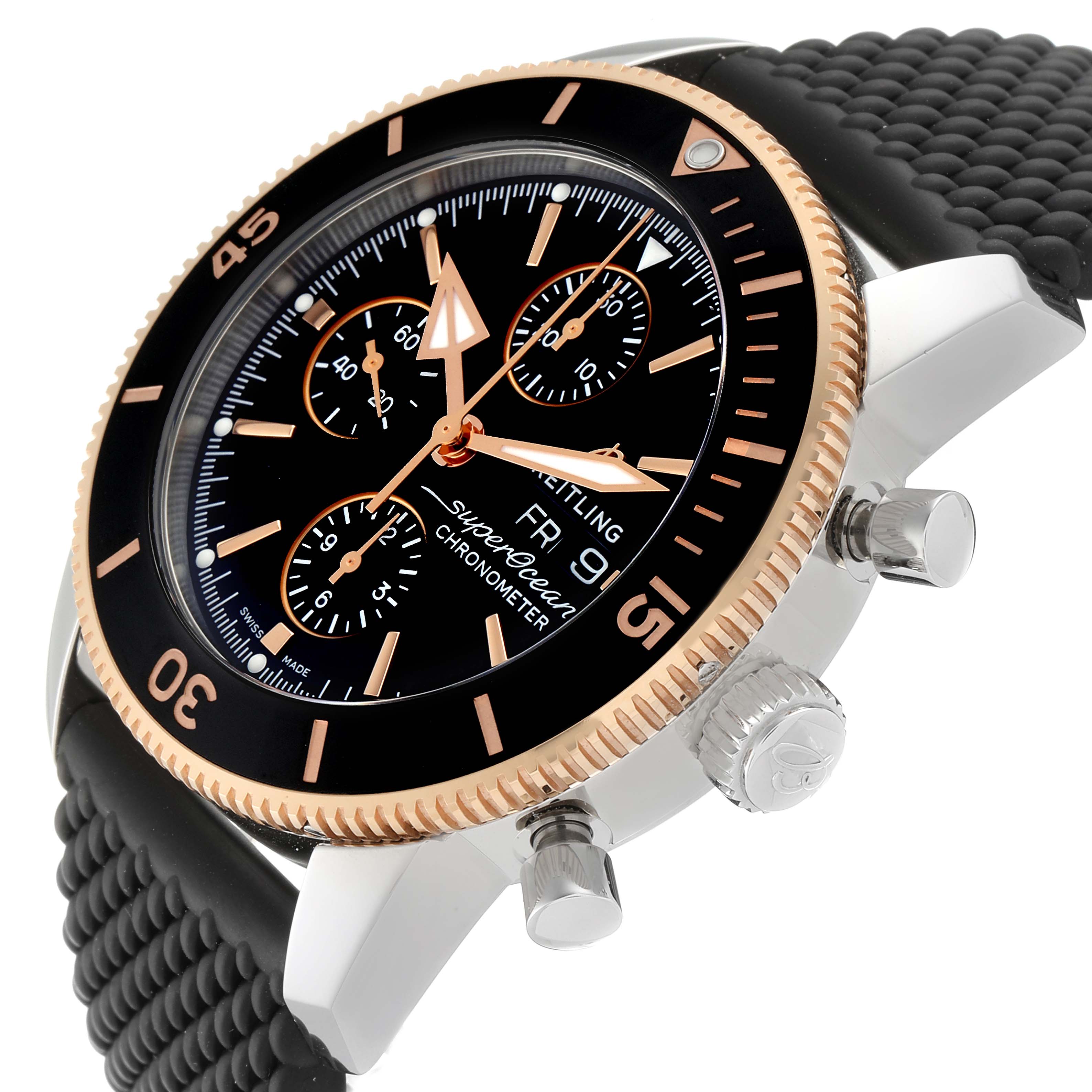 The image shows a close-up side view of a Breitling Superocean U1331312/BG50/279S/A20D.4 Men
s Steel and Gold (two tone) Black Dial U1331312/BG50/279S/A20D.4 Men
s Steel and Gold (two tone) Black Dial watch, highlighting the case, bezel, dial, and crown.