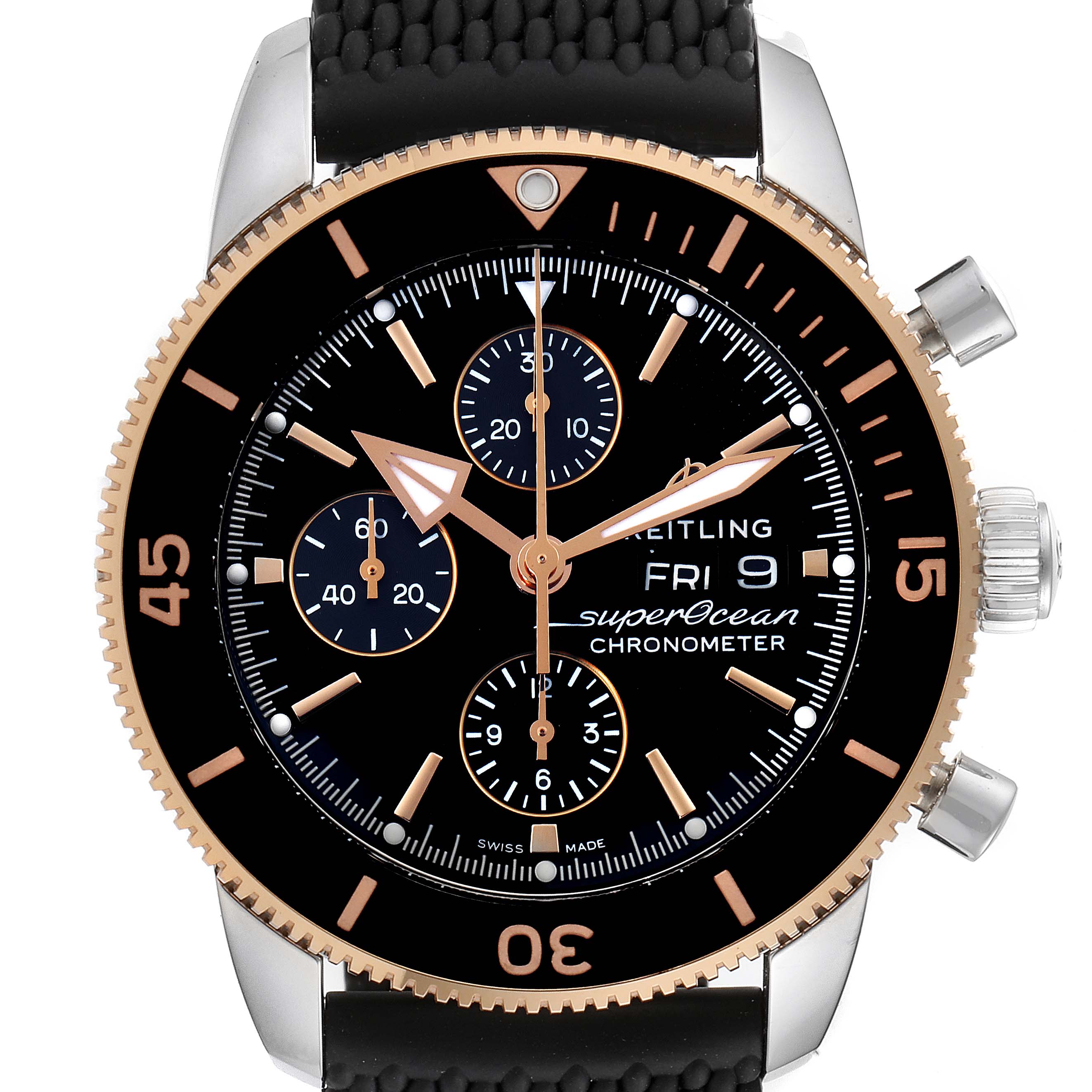 The image shows a Breitling Superocean U1331312/BG50/279S/A20D.4 Men
s Steel and Gold (two tone) Black Dial U1331312/BG50/279S/A20D.4 Men
s Steel and Gold (two tone) Black Dial watch, highlighting its face, bezel, and pushers from a frontal angle.