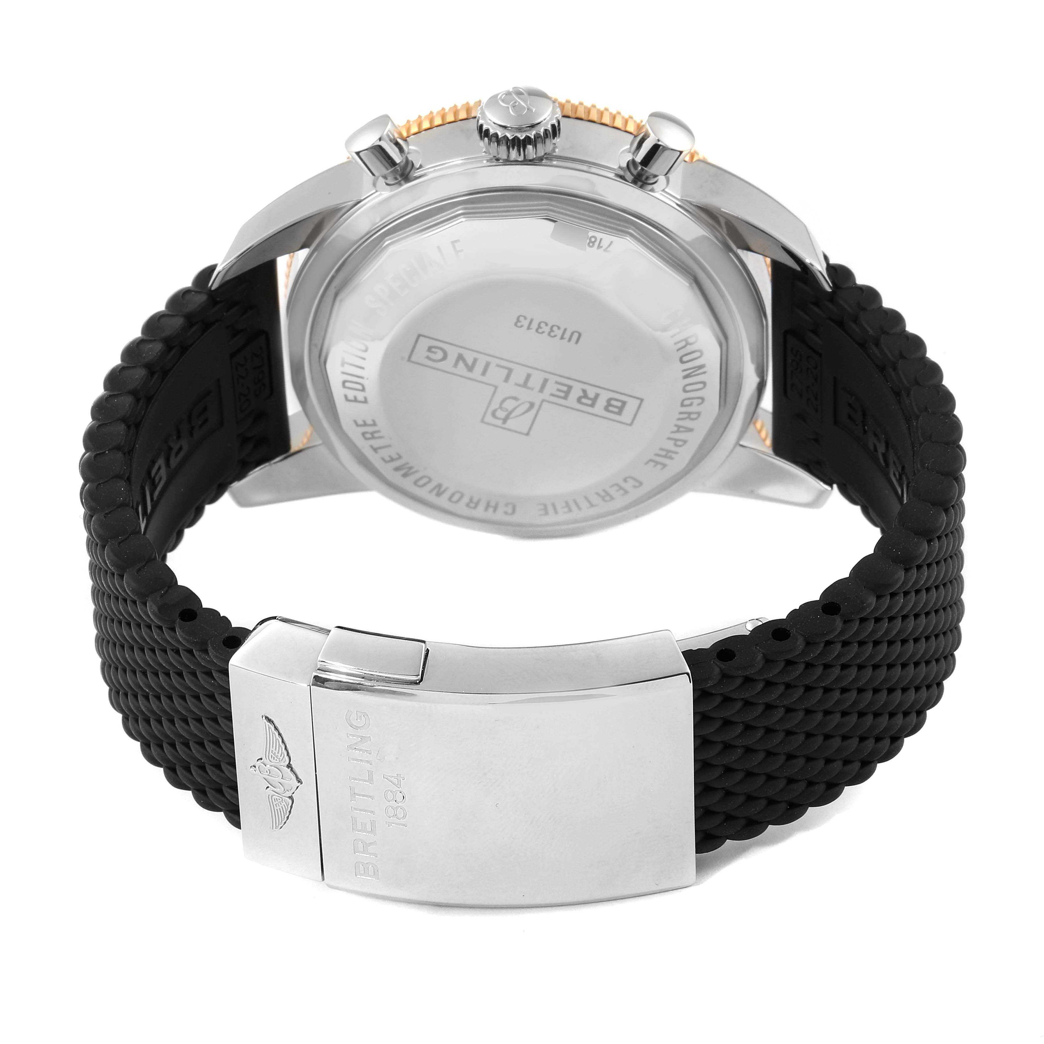 The image shows the back case, crown, pushers, and rubber strap of a Breitling Superocean U1331312/BG50/279S/A20D.4 Men
s Steel and Gold (two tone) Black Dial U1331312/BG50/279S/A20D.4 Men
s Steel and Gold (two tone) Black Dial watch.