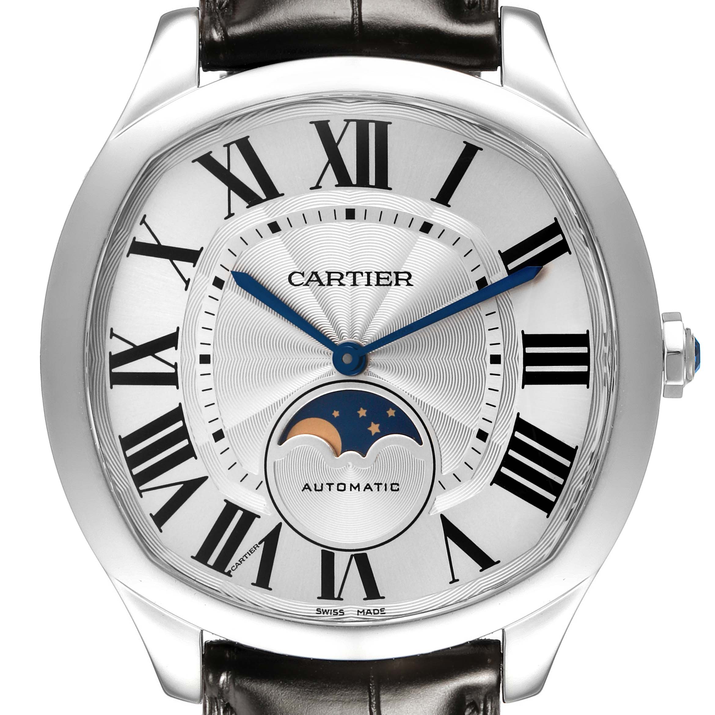 The Drive de Cartier watch is shown front-on, showcasing the dial with Roman numerals, blue hands, and a moon phase display.