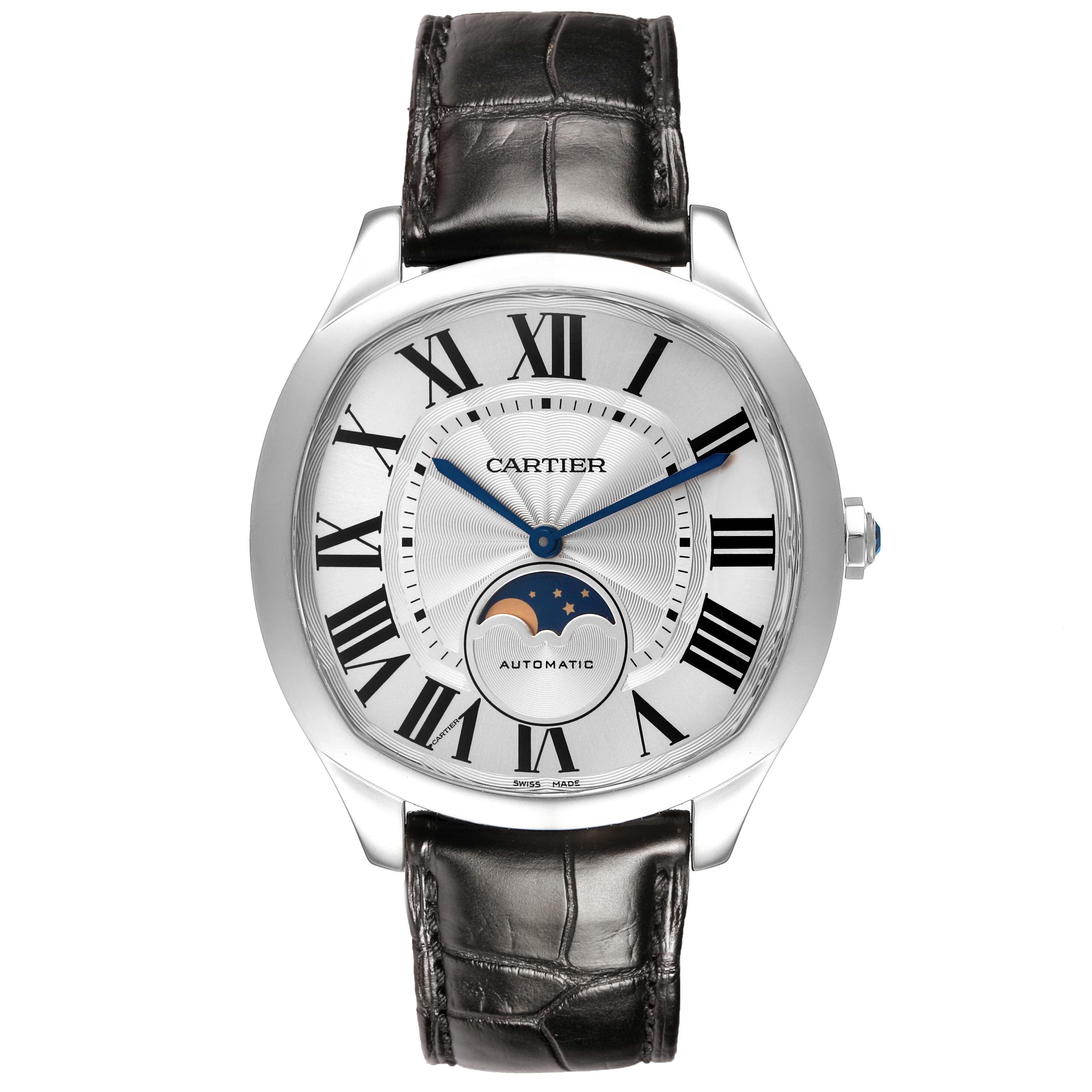The Drive de Cartier watch is shown from the front, displaying its face, Roman numerals, moon phase, and leather strap.