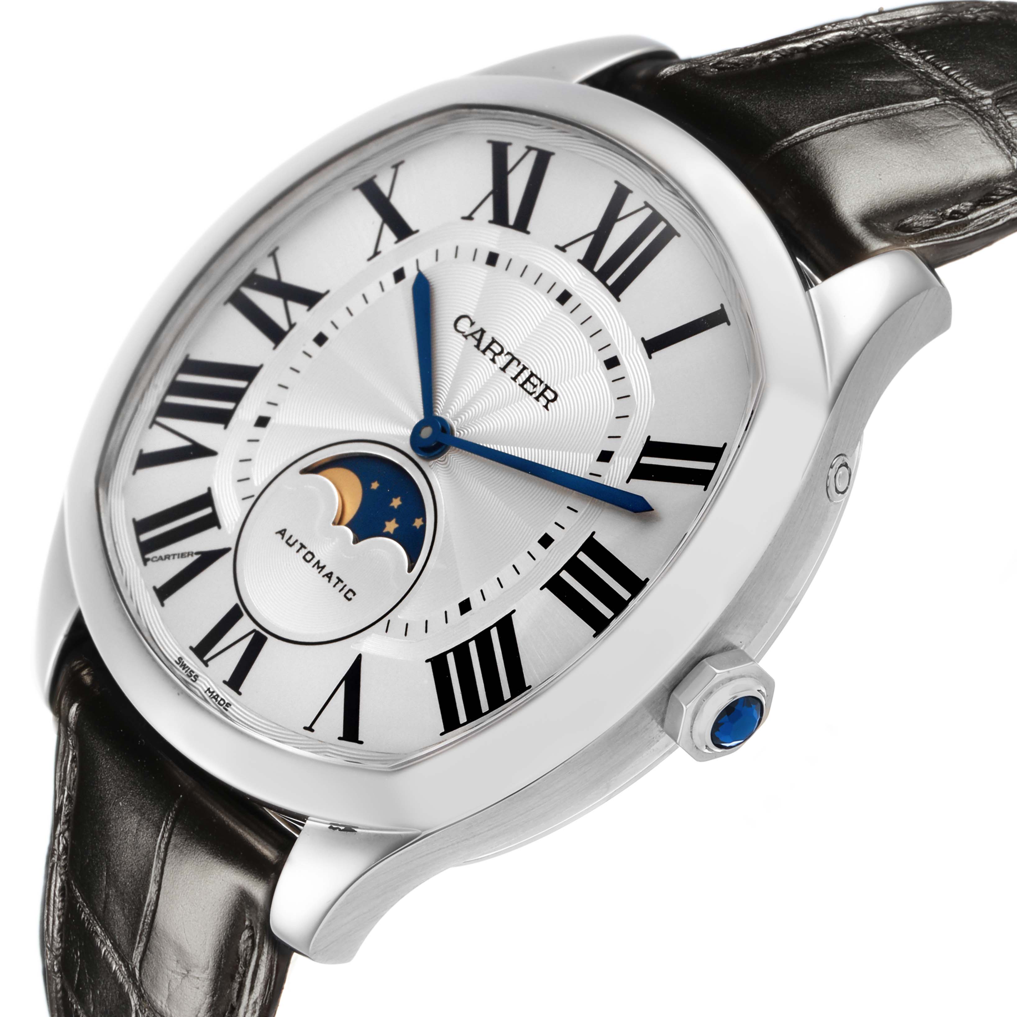 The Drive de Cartier watch is shown at an angle highlighting the dial, crown with blue stone, and black leather strap.