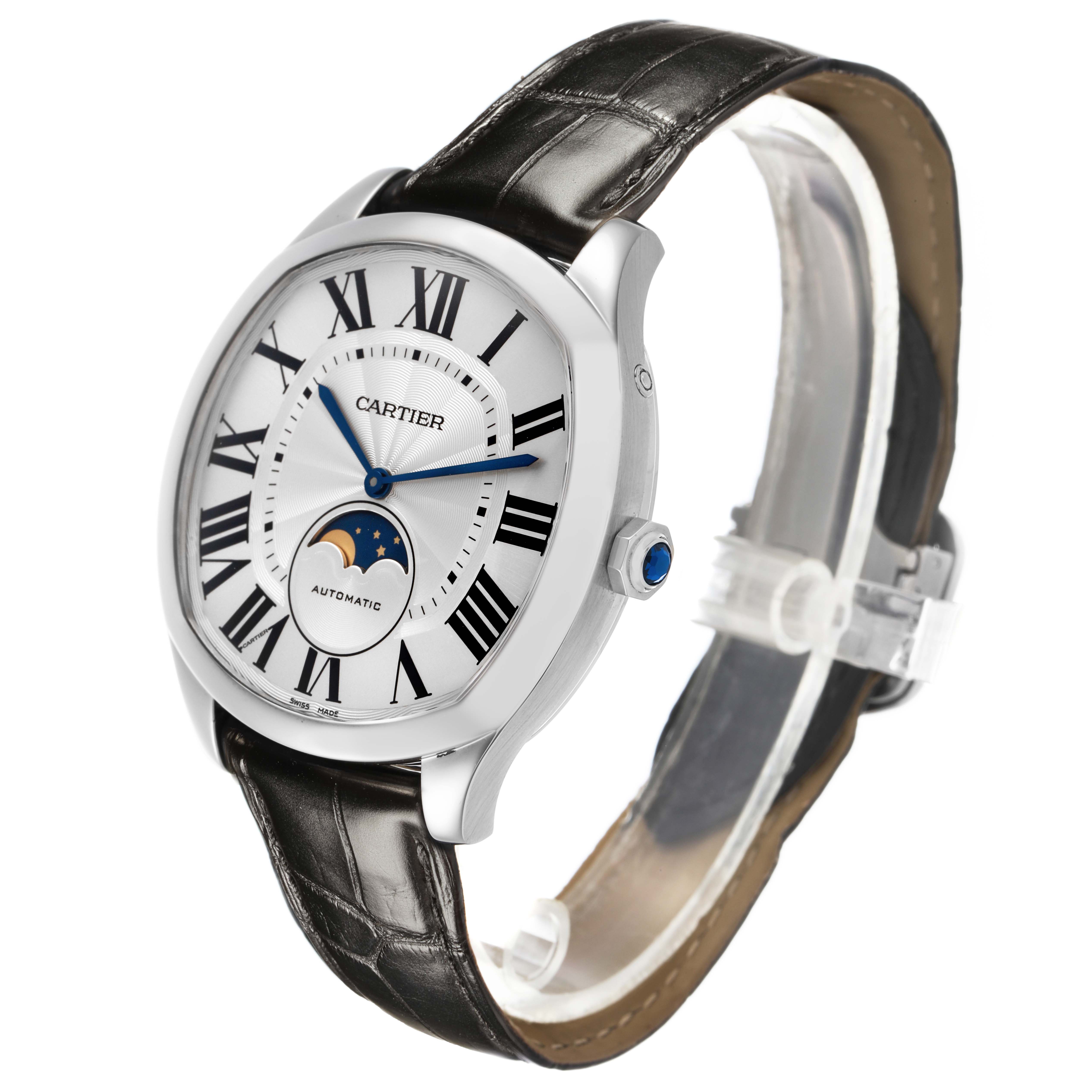 The Drive de Cartier watch is shown at a three-quarter angle, highlighting its face, Roman numerals, moon phase, and leather strap.