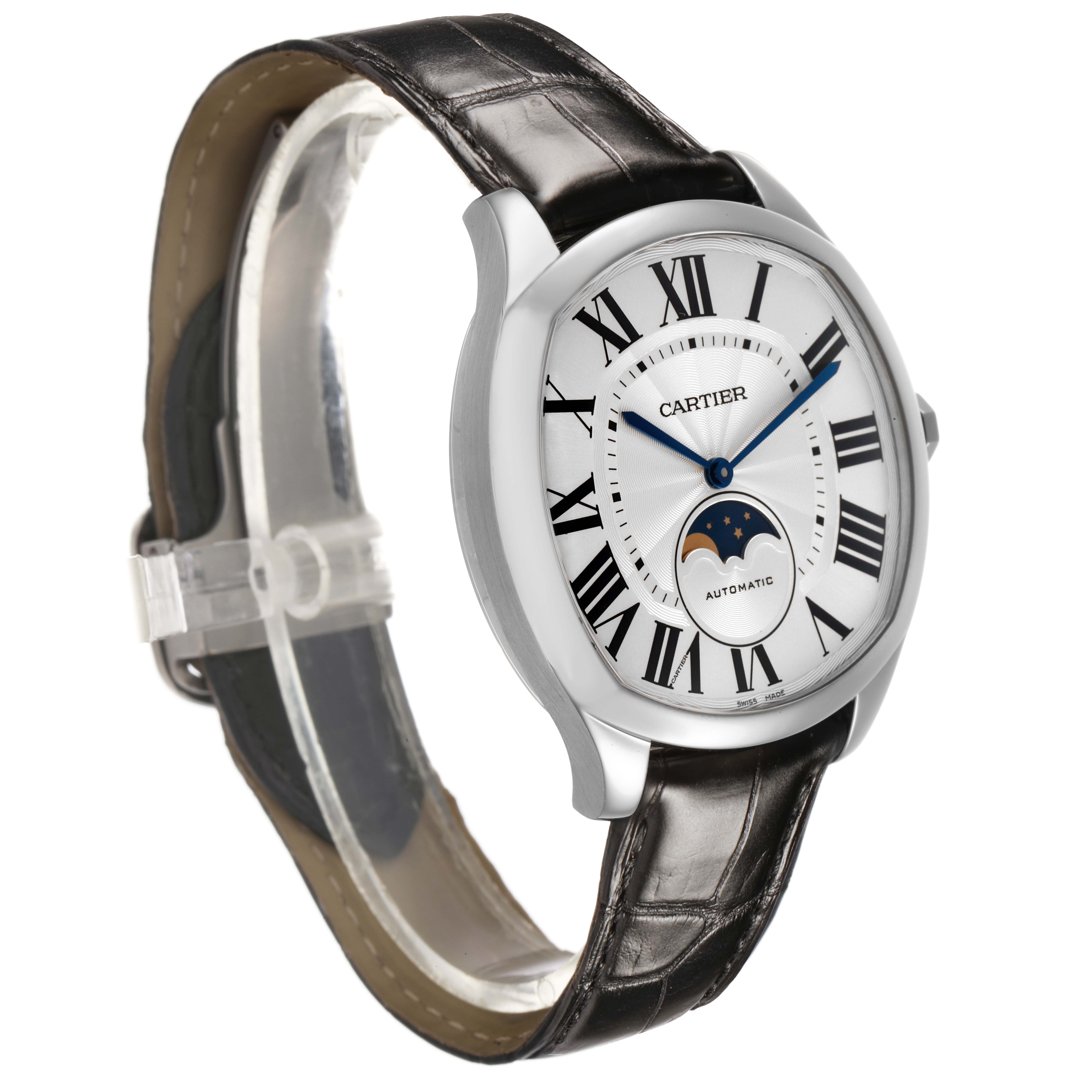 The Drive de Cartier watch is shown from a left-side angle, highlighting its dial, hands, leather strap, and buckle.