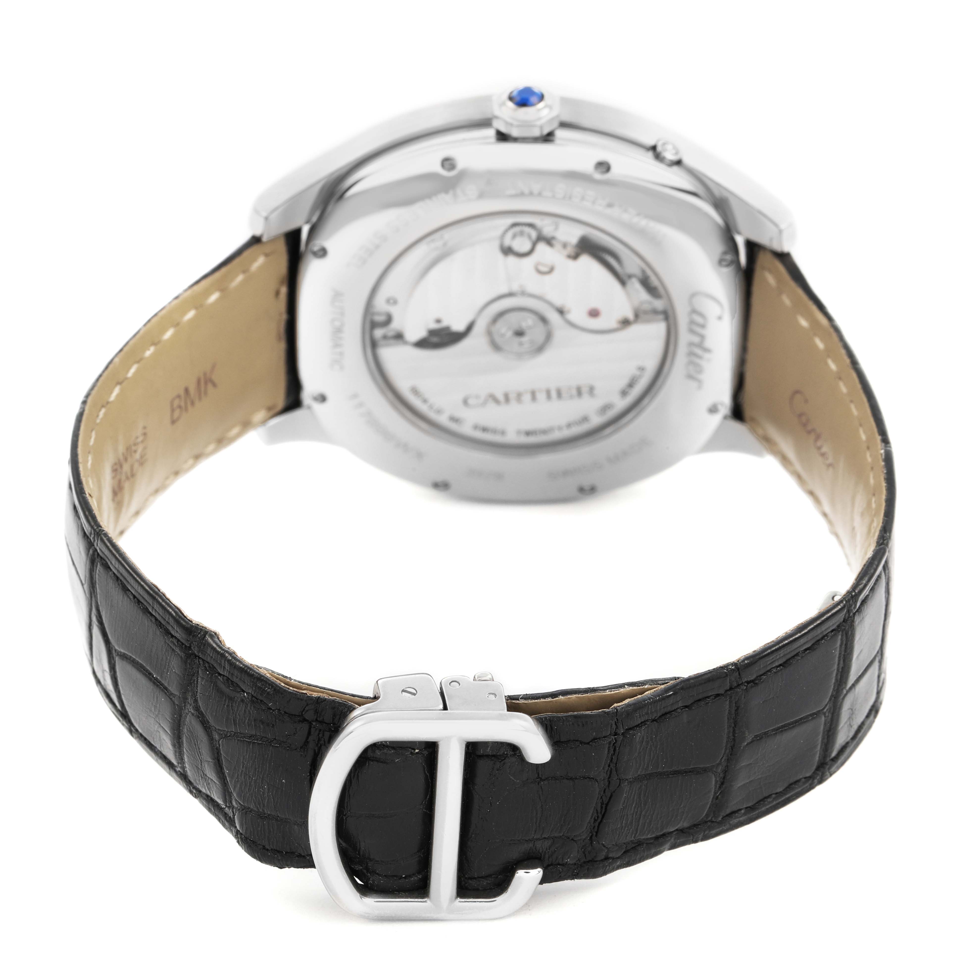 The image shows the back of the Drive de Cartier watch, highlighting the exhibition case back and leather strap with a Cartier clasp.