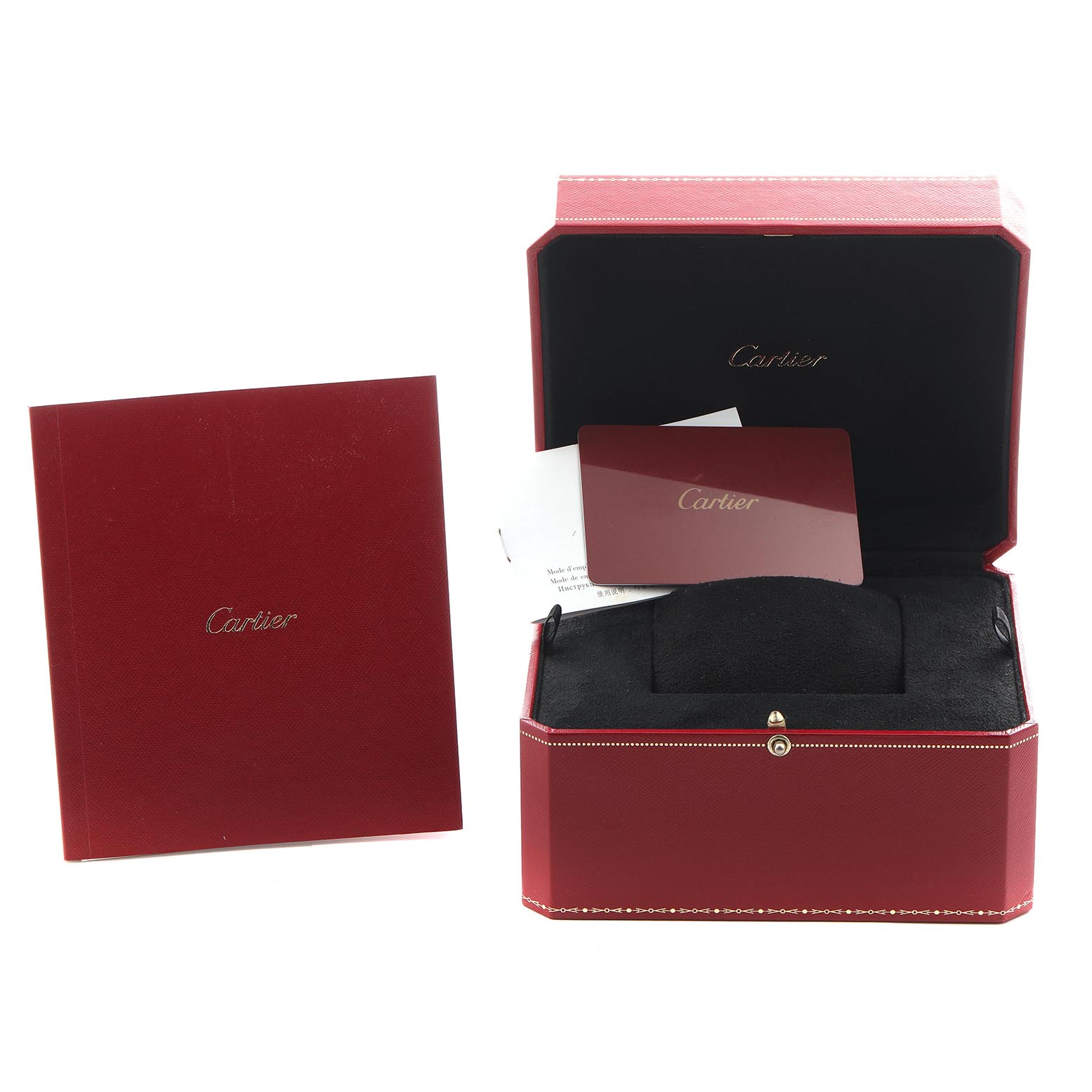 The image shows a Cartier Panthère watch box, certificate, and case in red with branded accessories.