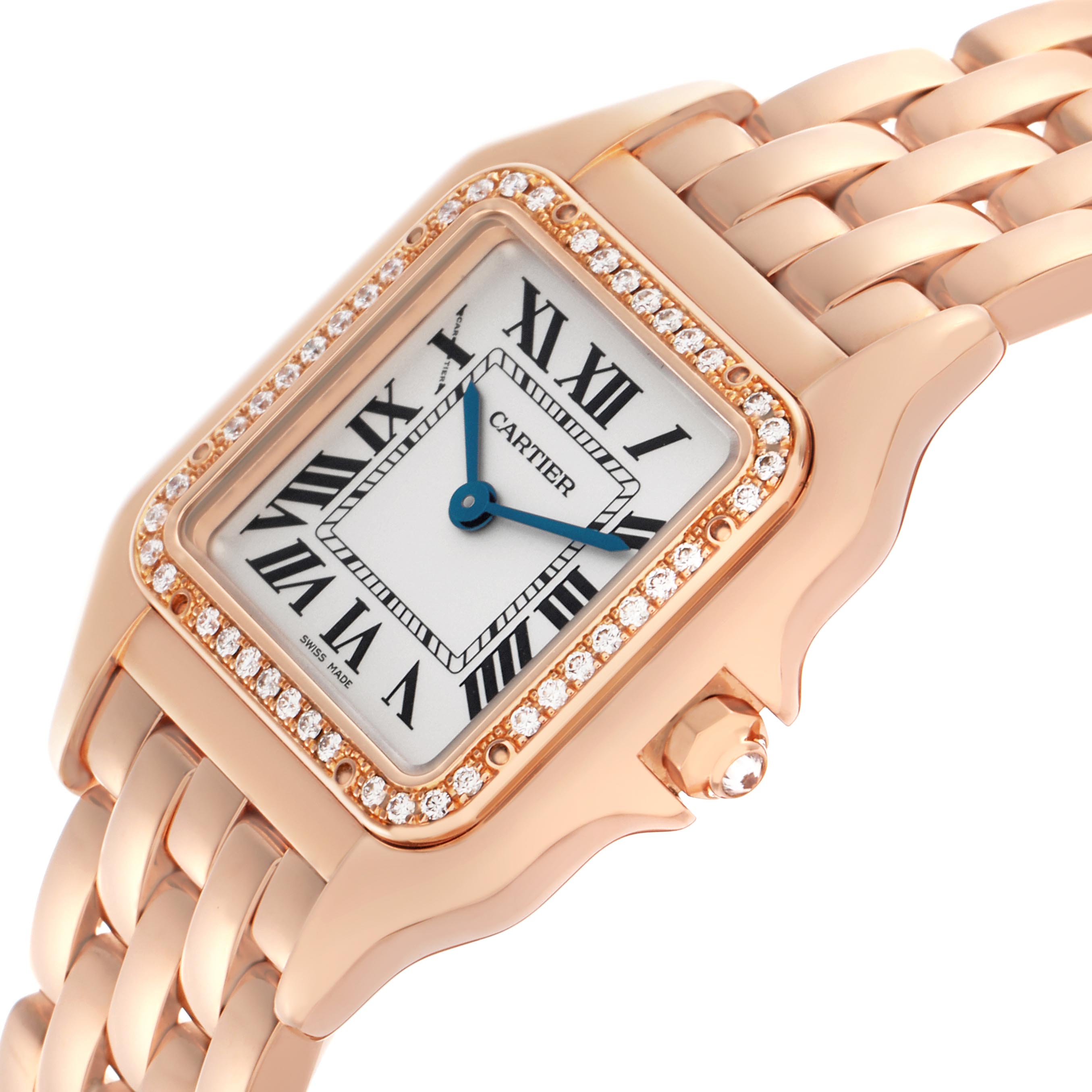 The Cartier Panthere WJPN0009 Women's Rose Gold Silver Dial WJPN0009 Women's Rose Gold Silver Dial watch is shown from a slightly angled top view, highlighting its square face, bezel with diamonds, and linked bracelet.
