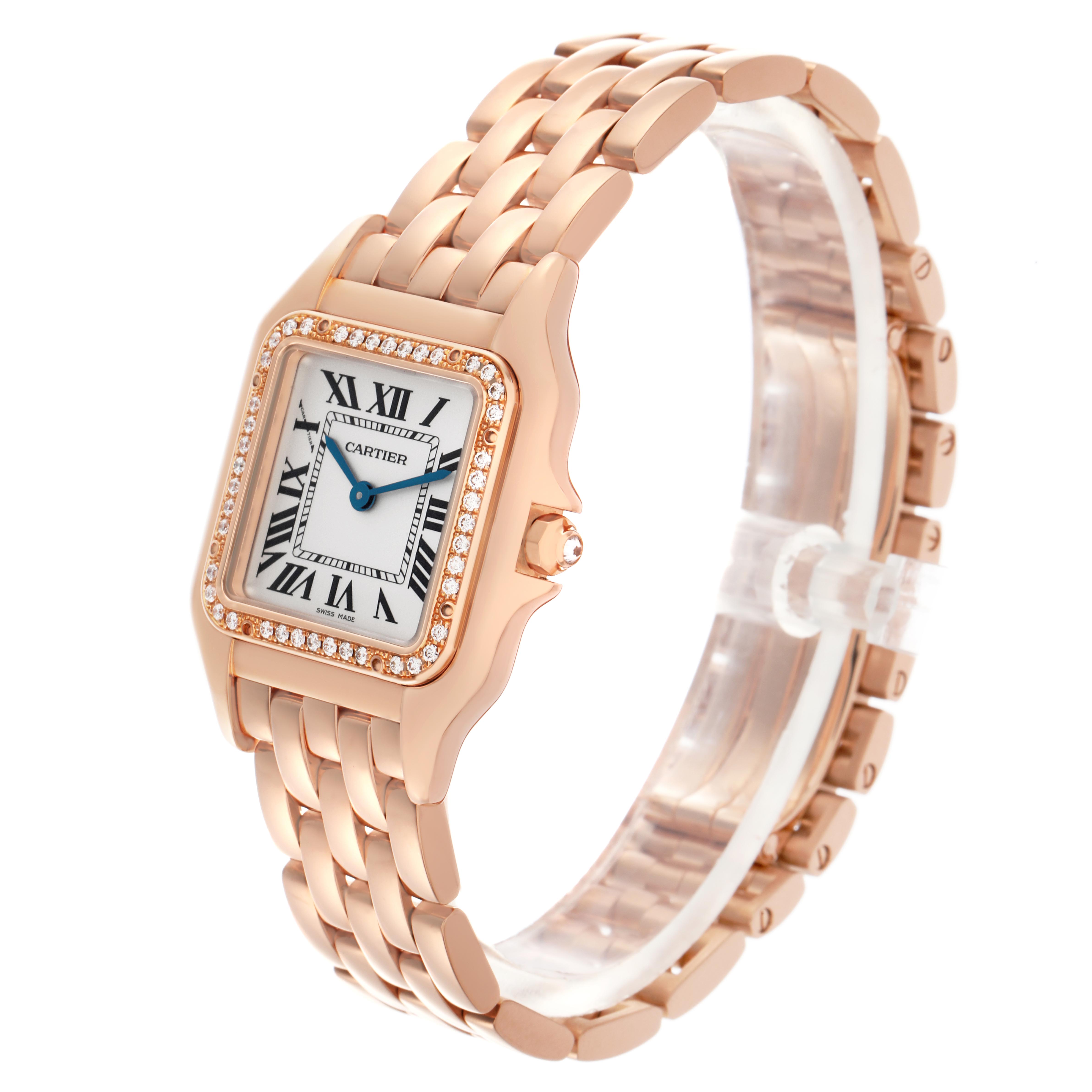 The Cartier Panthere WJPN0009 Women's Rose Gold Silver Dial WJPN0009 Women's Rose Gold Silver Dial watch is shown at an angled side view, highlighting the dial, bezel with diamonds, and bracelet.