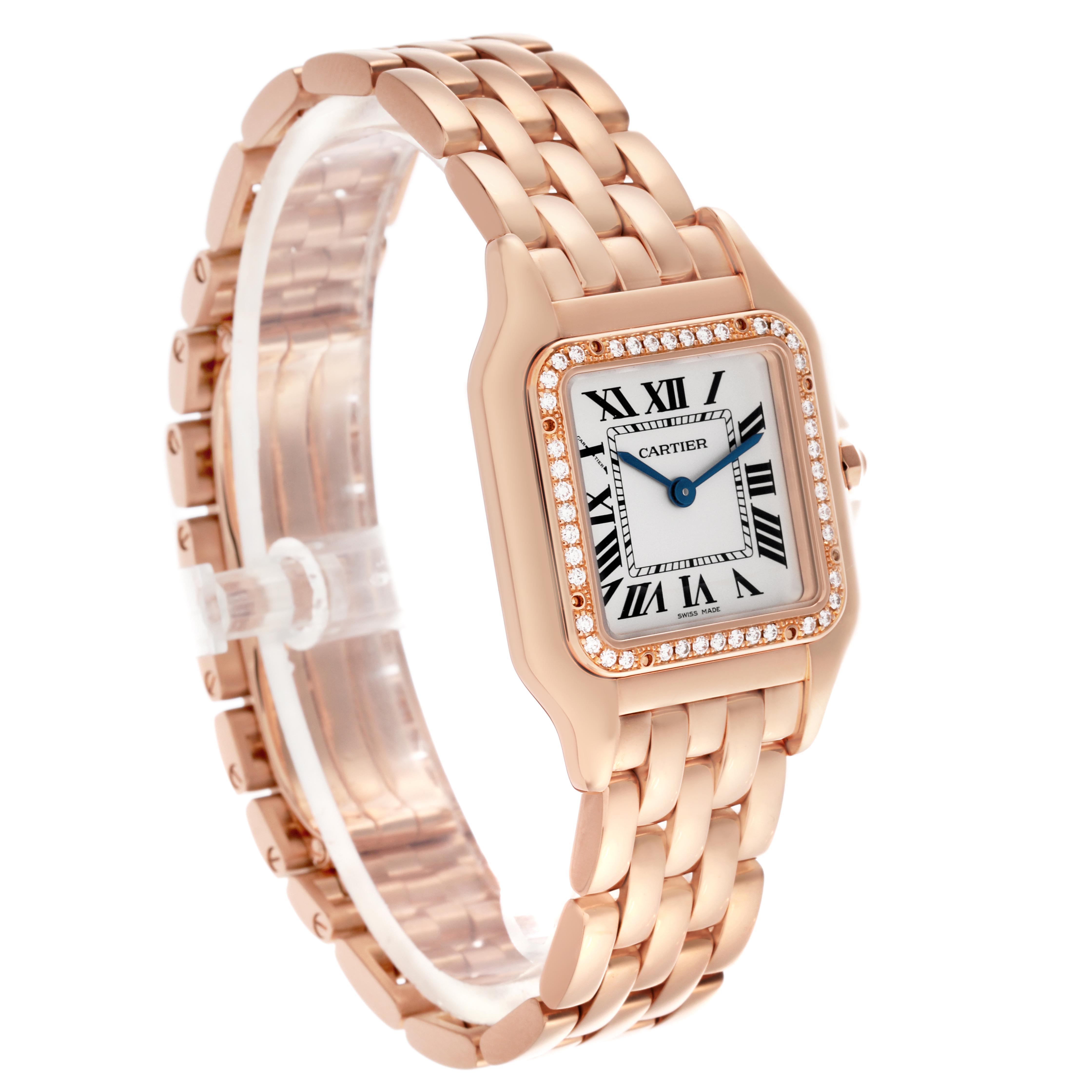 The Cartier Panthere WJPN0009 Women's Rose Gold Silver Dial WJPN0009 Women's Rose Gold Silver Dial watch is shown from a three-quarter angle, displaying the face, bezel, and band in detail.