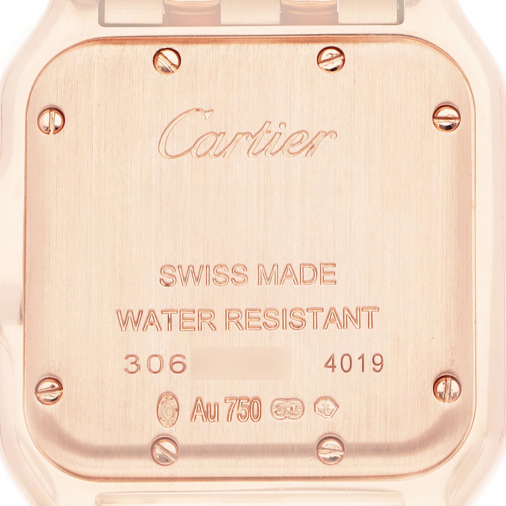 This image shows the back case of a Cartier Panthere WJPN0009 Women's Rose Gold Silver Dial WJPN0009 Women's Rose Gold Silver Dial watch, highlighting the engravings and screws.