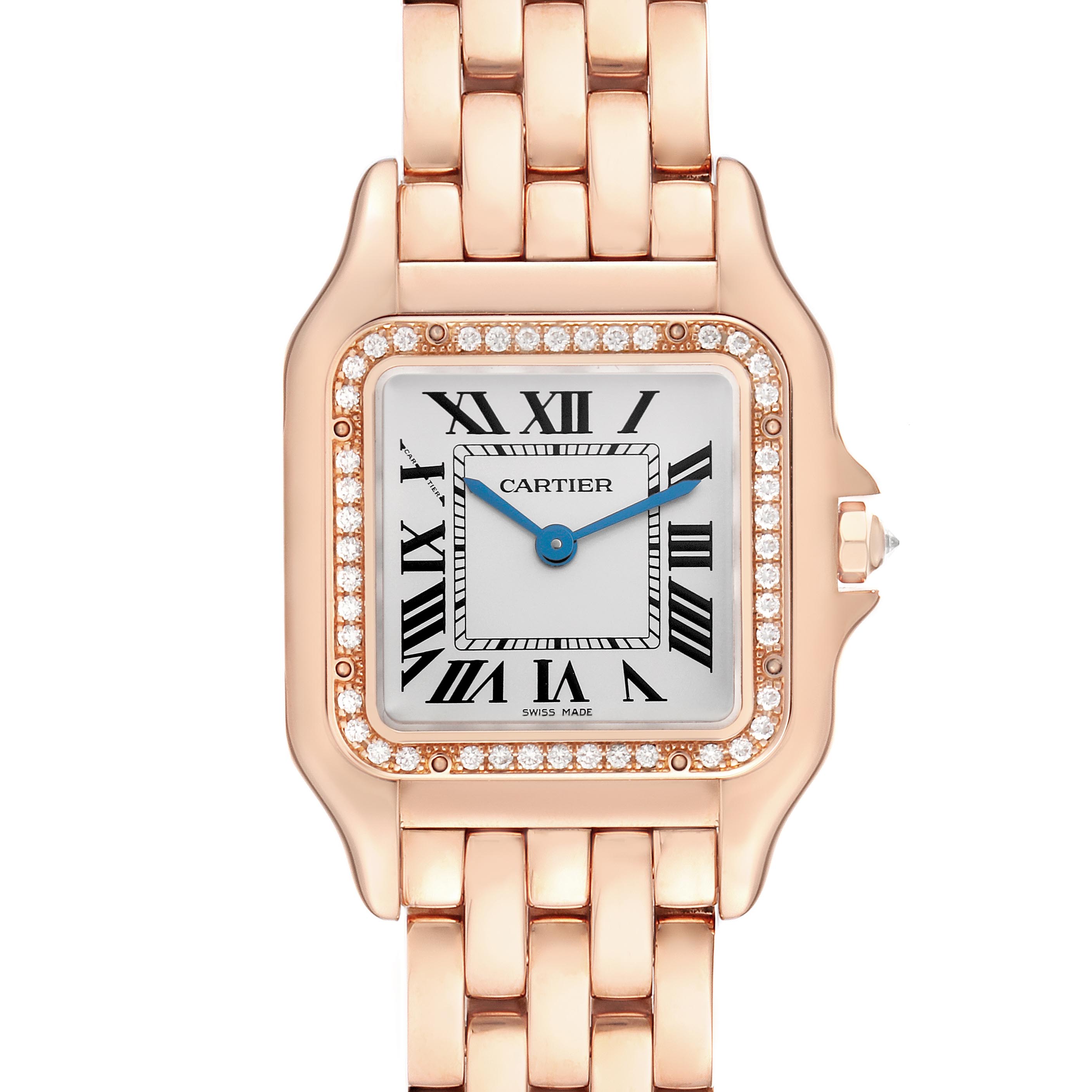 The image shows a front view of the Cartier Panthere WJPN0009 Women's Rose Gold Silver Dial WJPN0009 Women's Rose Gold Silver Dial watch, highlighting the dial, bezel, and bracelet.