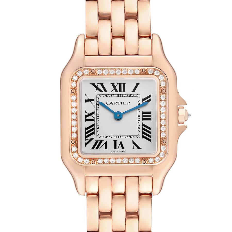 The image shows a front view of the Cartier Panthere watch, highlighting the dial, bezel, and bracelet.